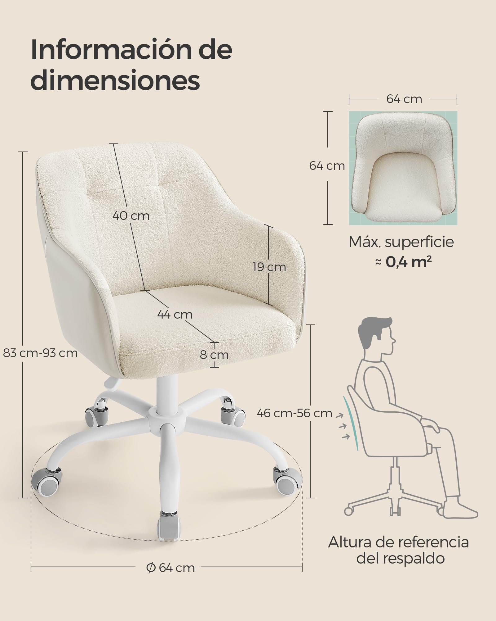 Silla de oficina giratoria y cómoda, altura ajustable, capacidad de carga 120 kg, estructura de acero, terciopelo, beige - 2