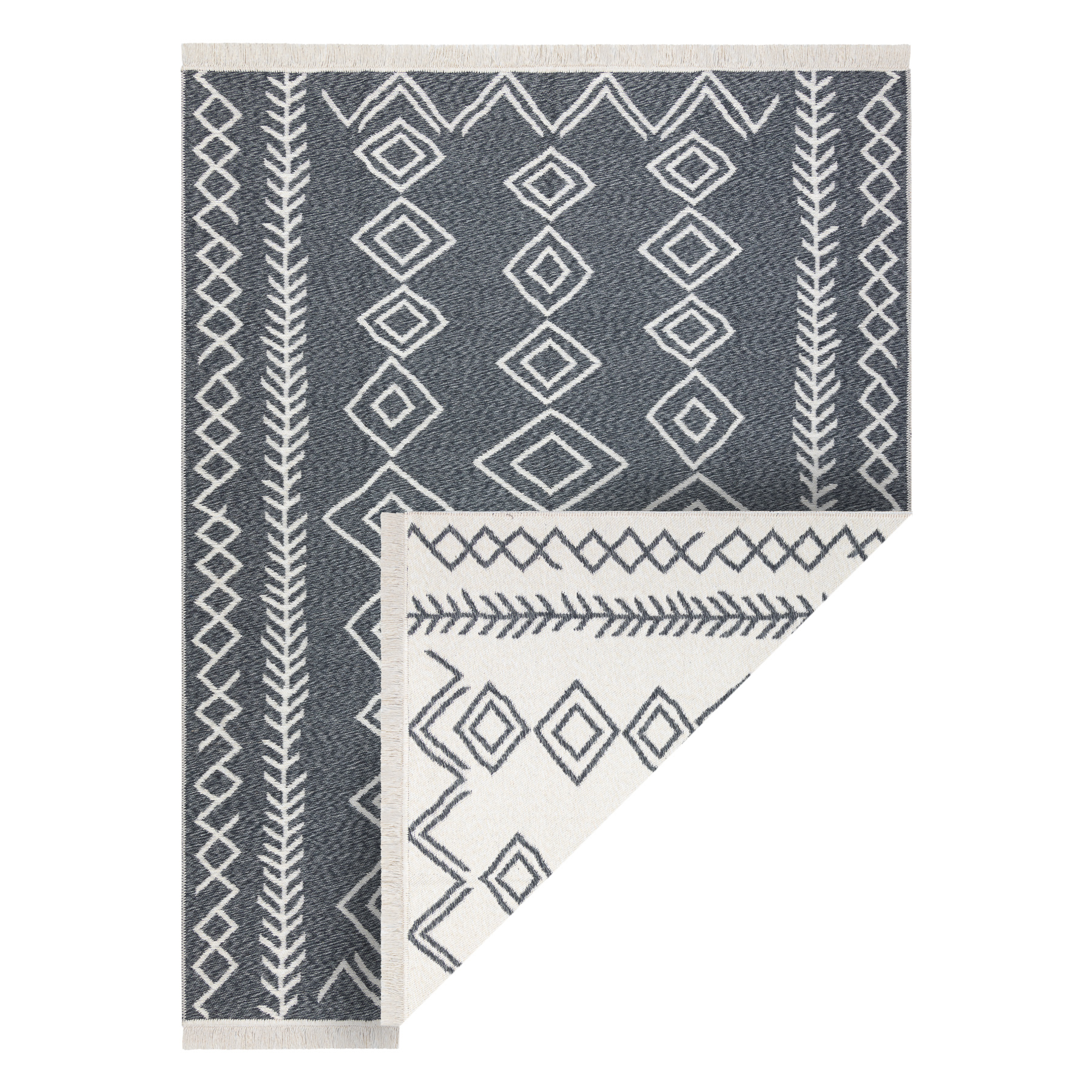 Dywan TWIN 23000 Boho, bawełna, dwustronny, romby Ekologiczny frędzle - antracyt / krem 60x90 cm