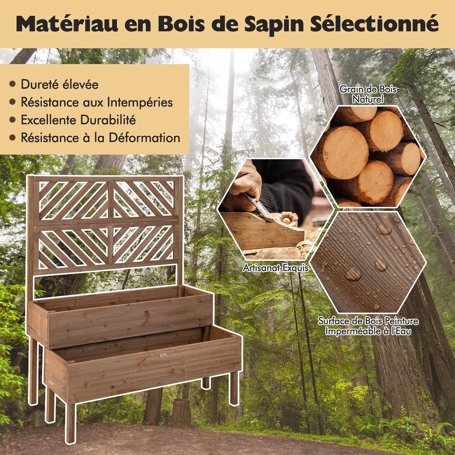 Bac avec Treiliis en Bois Sapin 144L, Jardinière Surélevée 2 Niveaux avec Trou de Drainage, 109 x 62 x 135 cm, Marron - 7