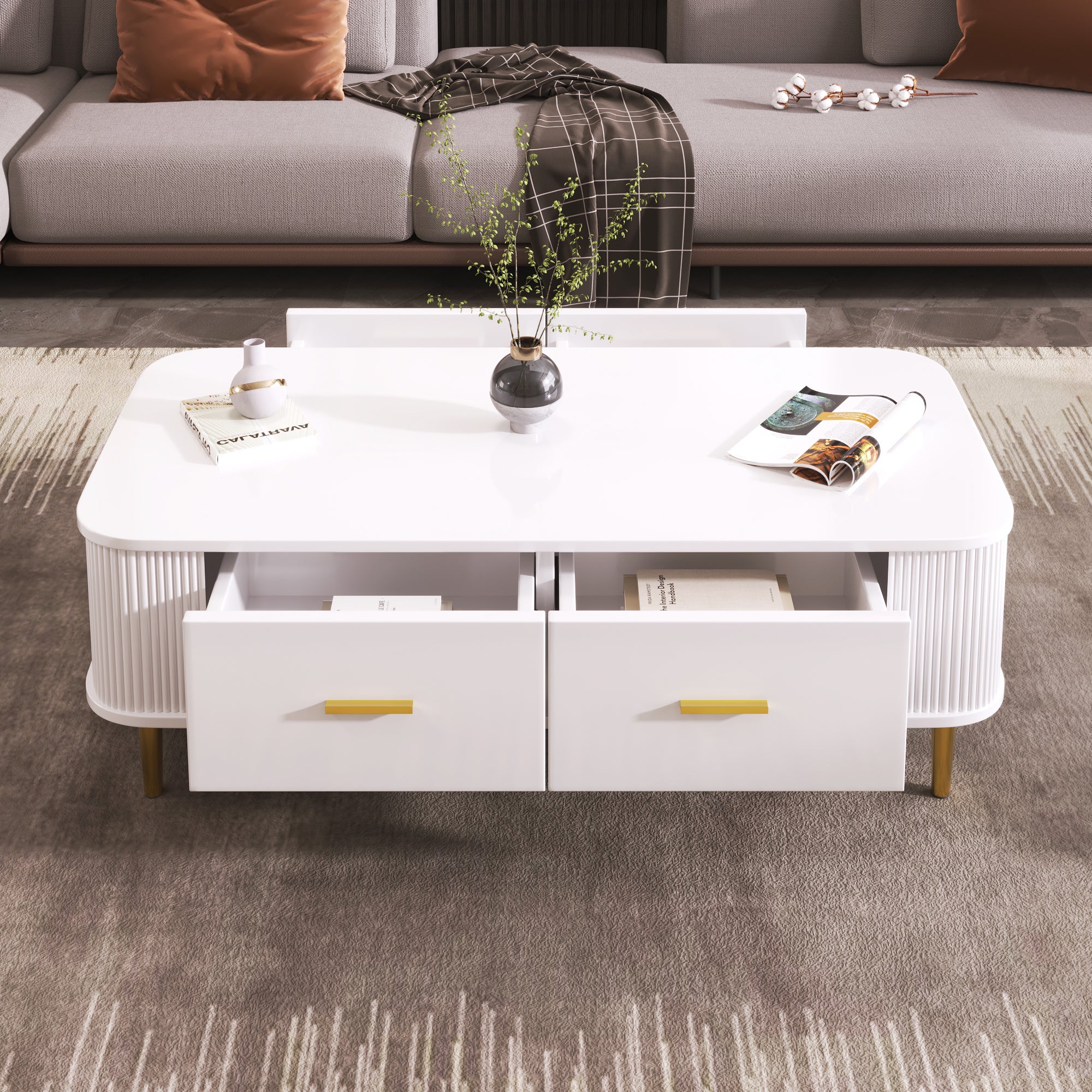 Stolik kawowy z 4 szufladami - 105 x 51 x 36 cm - Płyta MDF - Złote uchwyty i nogi - Biały