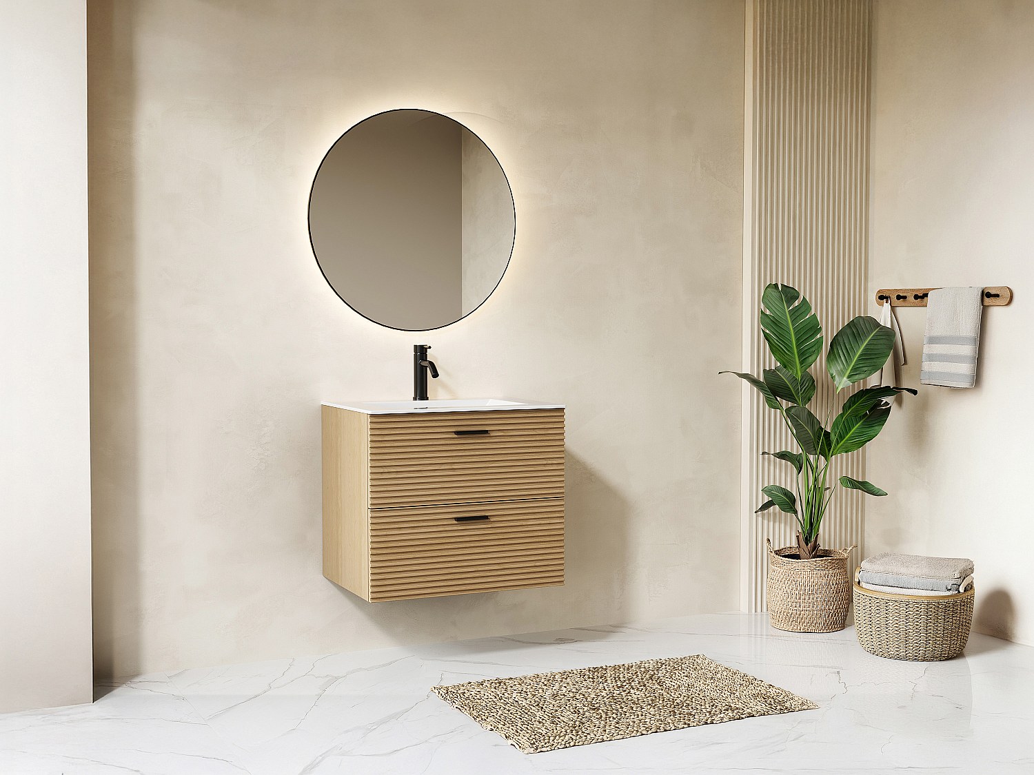 Szafka pod umywalkę na nóżkach z prążkowanym frontem - 2 szuflady - Jasne drewno naturalne - 60 cm - SARONE