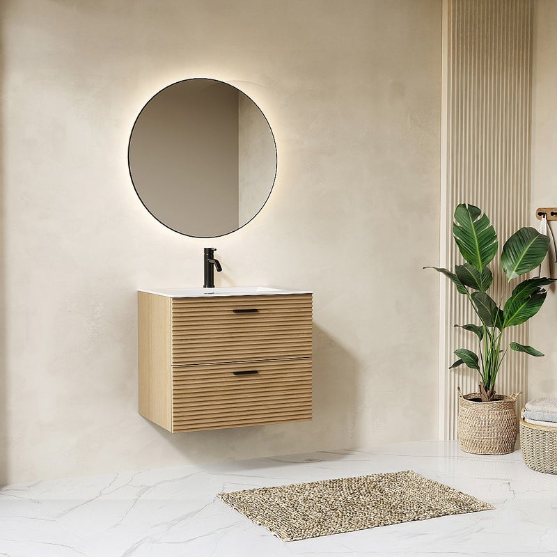 Szafka pod umywalkę na nóżkach z prążkowanym frontem - 2 szuflady - Jasne drewno naturalne - 60 cm - SARONE