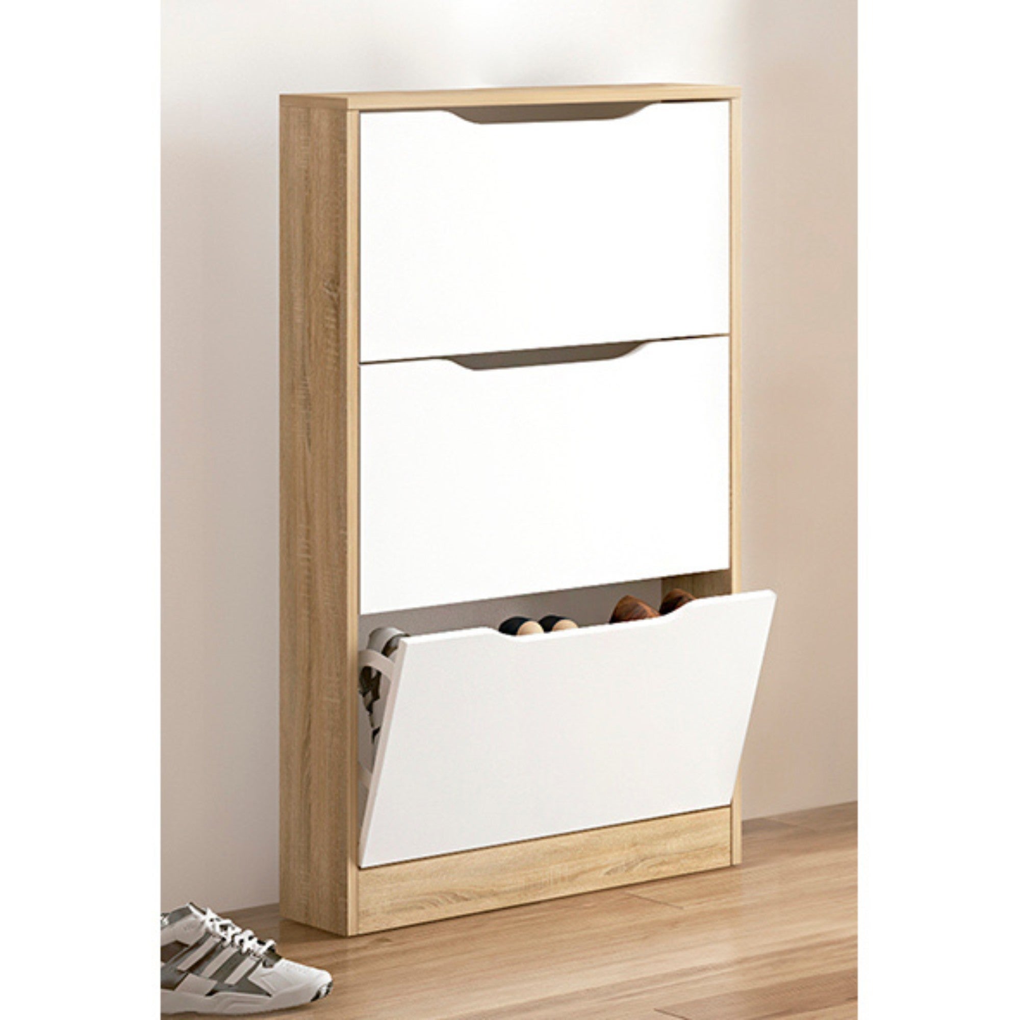 Sapateira com 3 Portas, Estreita, Cor Cambraia e Branco, Medidas: 107 cm (A) x 60 cm (L) x 17,3 cm (P) - Meyvaser