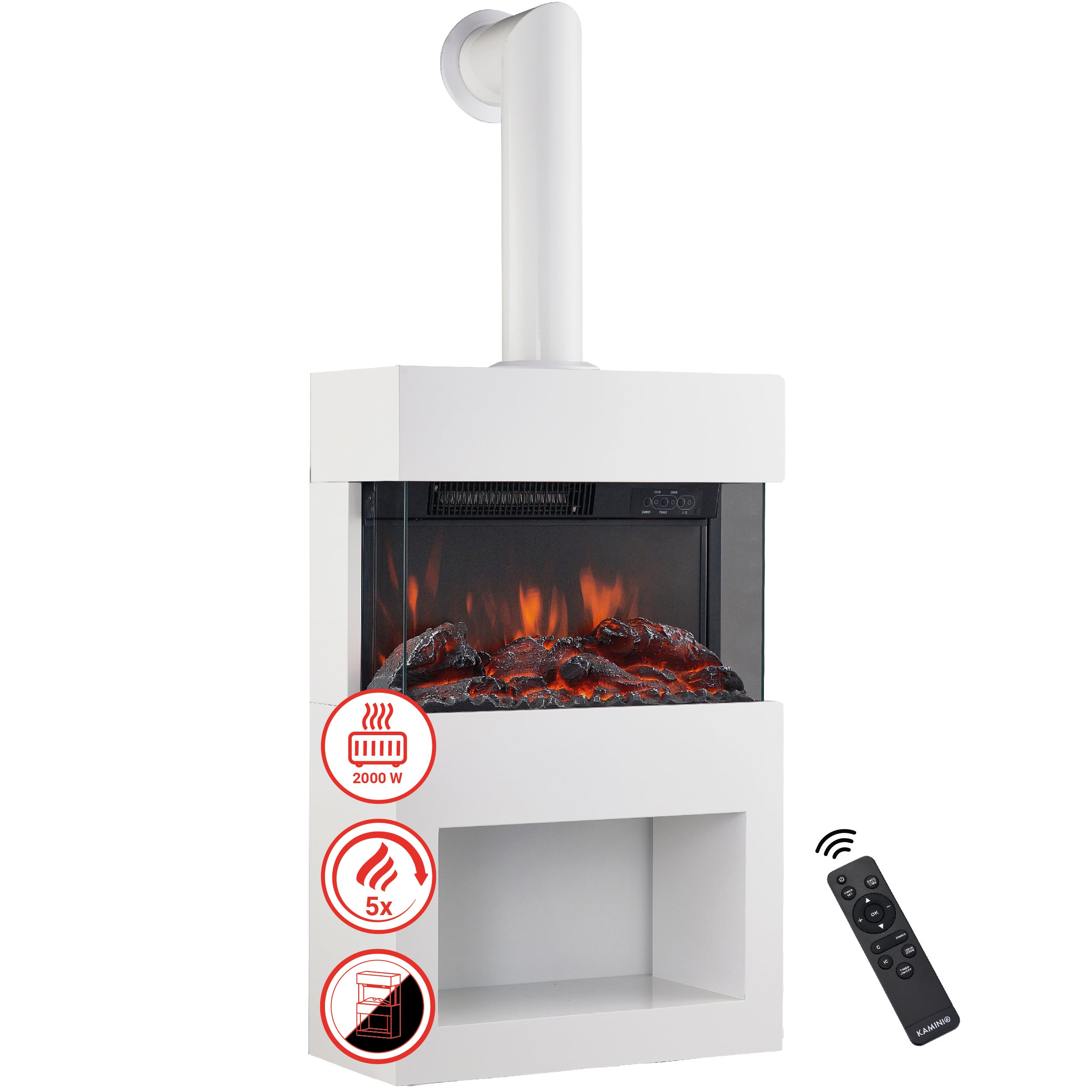 KAMINIO Chimenea eléctrica HENRI con tubo de chimenea - Estufa de chimenea calefacción, llama 3D, luz ambiental, compartimento madera, remoto - Blanco - 9