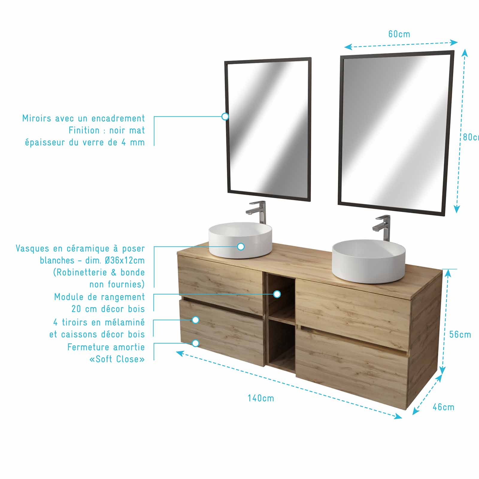 Meuble Salle de Bains 140 TIMBER Décor Chêne 4 Tiroirs et Module 2 Vasques Blanches 2 Miroirs 60x80 - 4