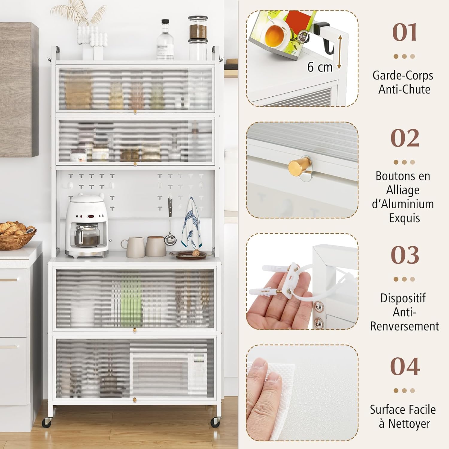 Meuble Cuisine Rangement 6 Niveaux, Etagere Rangement Cuisine en Fer, Portes Battantes, 10 Crochets Support Micro-Ondes (Blanc) - 5