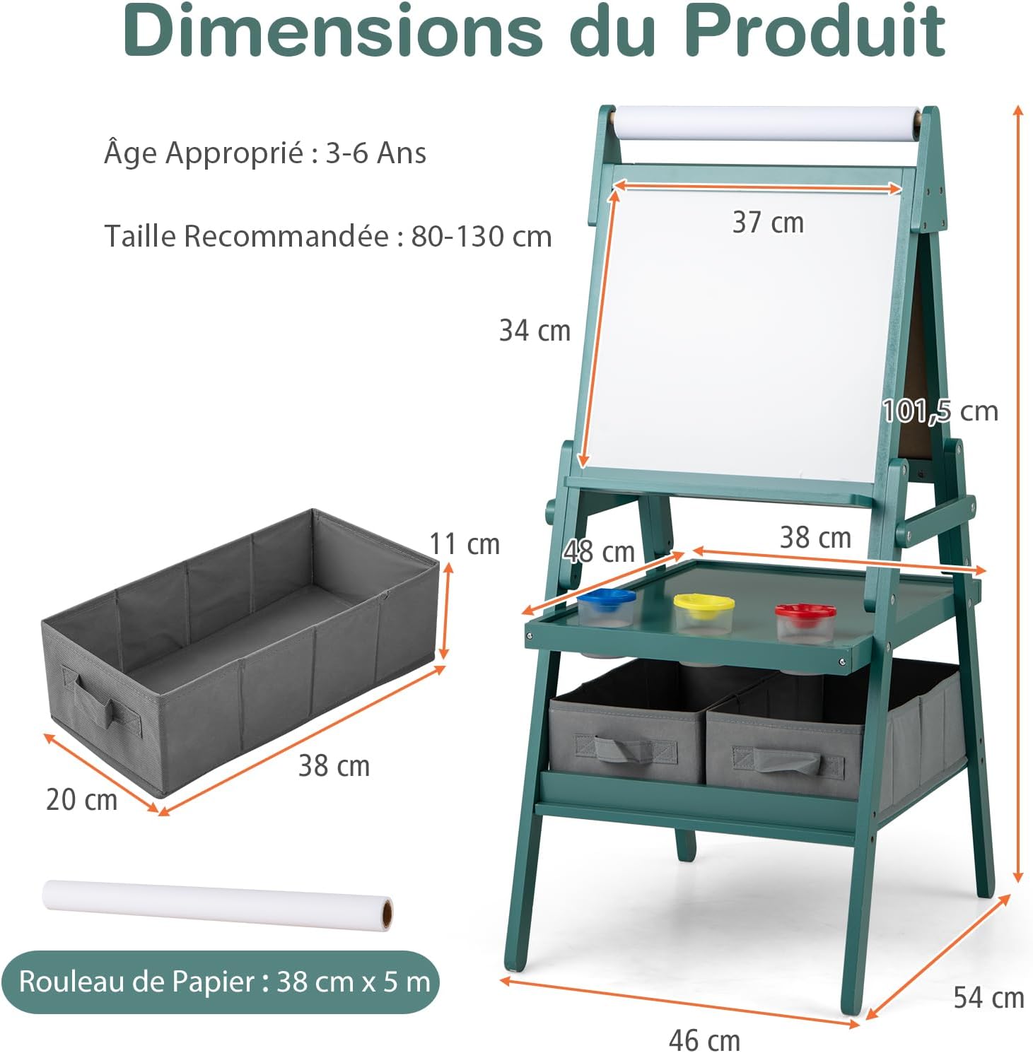 Tableau Enfant Double Face 3 en 1, Chevalet Enfant avec Tableau Blanc Noir et Rouleau de Papier, Chevalet Peinture en Bois, pour 3 à 6 Ans (Vert) - 6