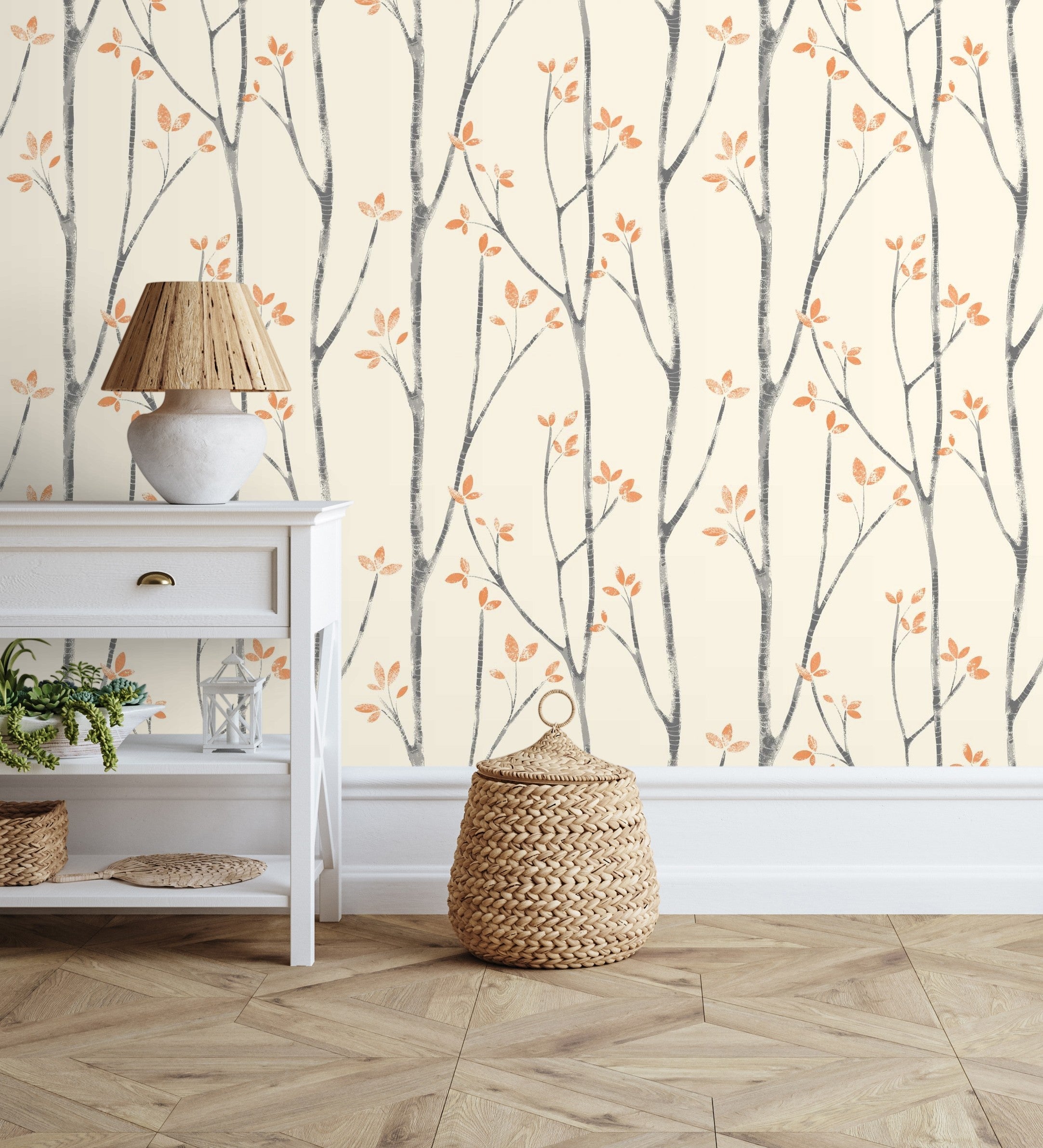 Papel pintado de ramas de árboles nórdicos con hojas coral - benson forest 681337 de gaulan - rollo de 10 m x 0,53 m