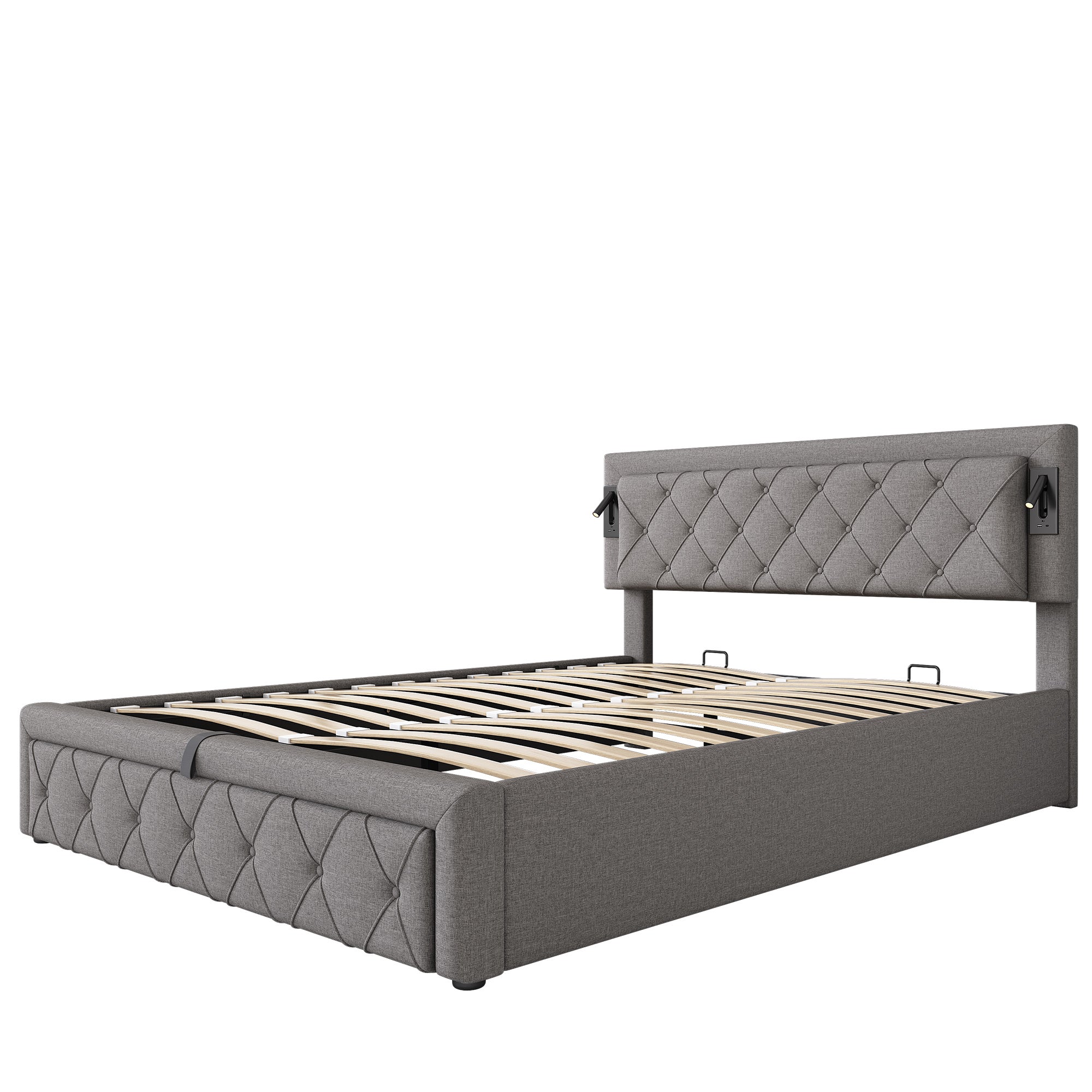 Cama contenedor de tela de lino 160x200 cm - con luz de lectura y toma USB - con somier - Gris - 7