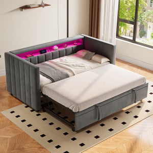 Canapé‑lit 90x190 cm en velours beige avec rangement, LED et port USB‑C, 12 lattes, cadre métal‑bois | Leroy Merlin