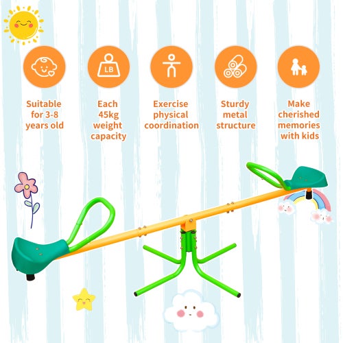 Bascule Enfant Extérieure en Bois – Balançoire à Bascule Double Siège, Jeu de Jardin pour Enfants 3-8 Ans, Stable et Antidérapante, Vert et Jaune - 8