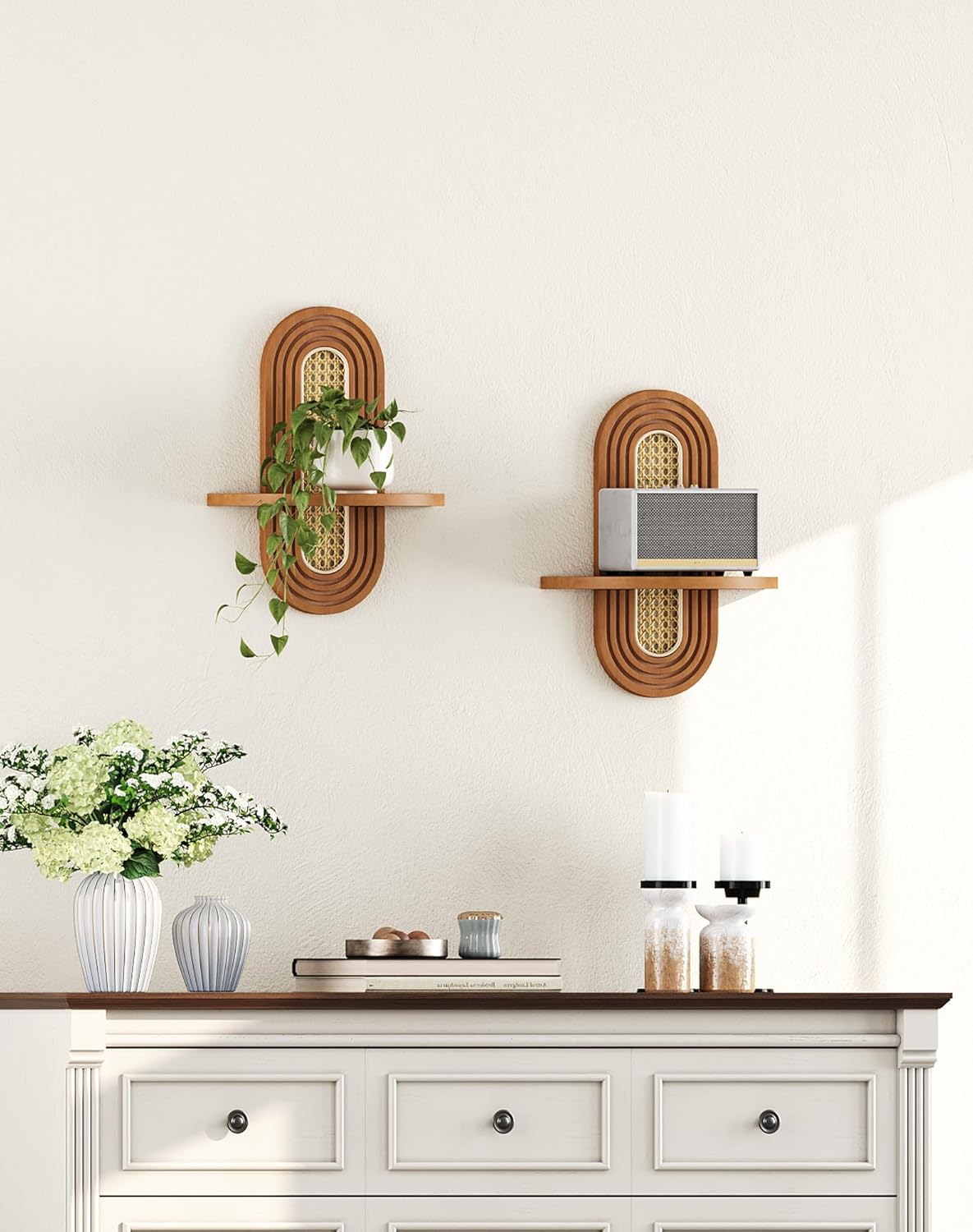 Étagères murales flottantes, ensemble de 2 étagères bohèmes en rotin, petite étagère décorative murale unique, étagères naturel pour salon - 4