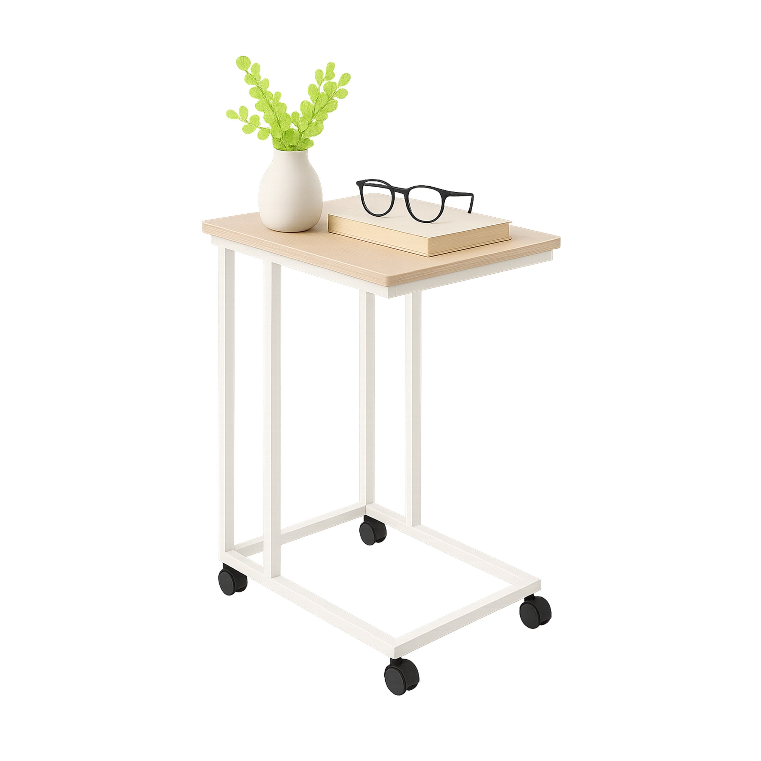 Tavolino Da Sottosedia Relaxdays A Forma Di C - Con Rotelle - Piano MDF Effetto Legge - Struttura In Metallo - Marrone/Bianco