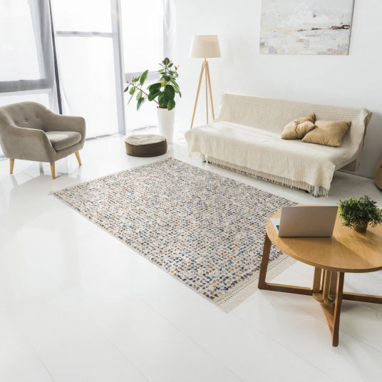 Tapis motif berbère à franges - Tribus du désert - Bleu touareg, camel - 200 x 290 cm - 2