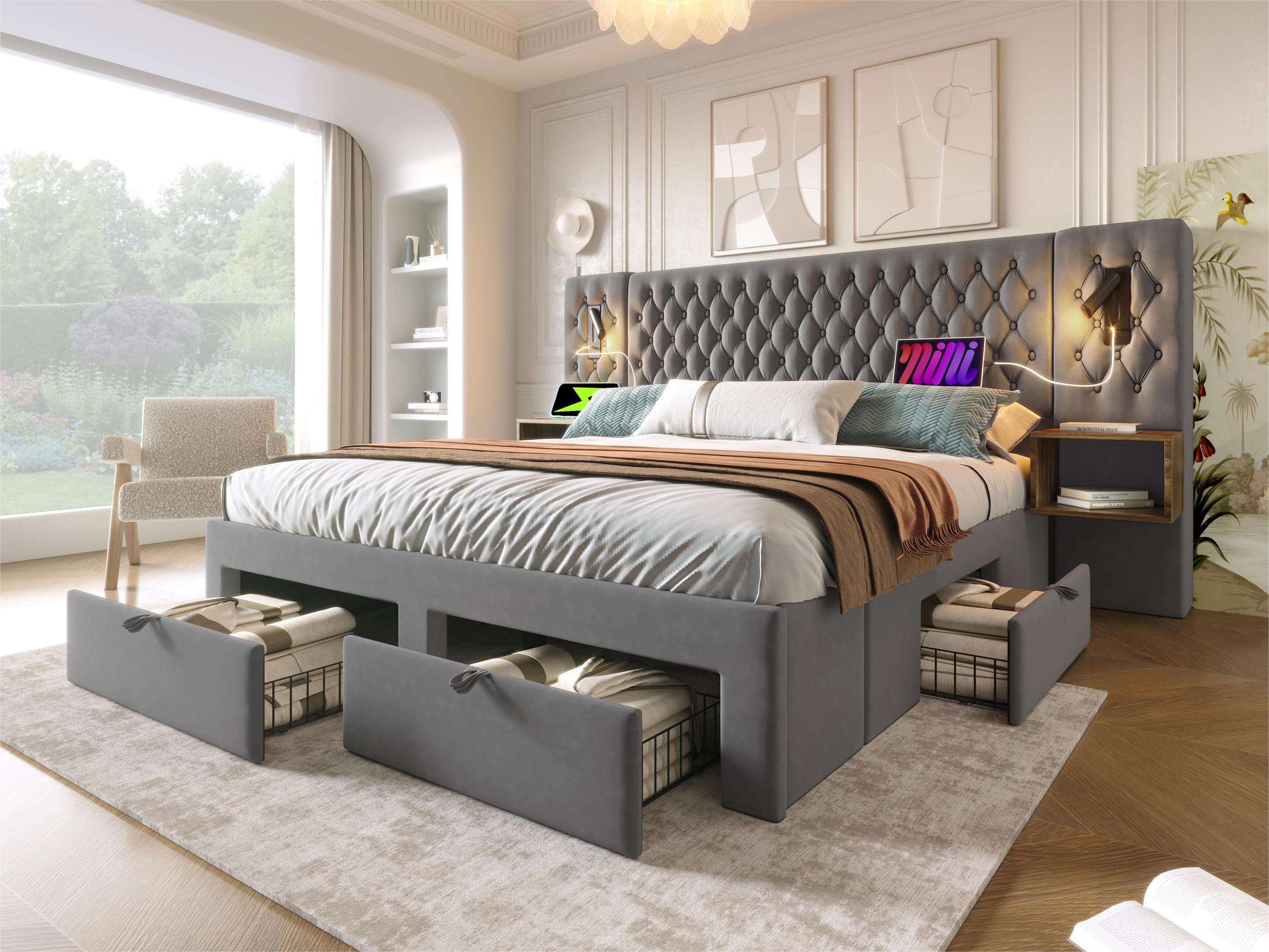 Aksamitne łóżko dla dorosłych 160x200 cm - z 2 stolikami nocnymi i 4 szufladami - 2 lampki do czytania z wtyczką USB - Szare
