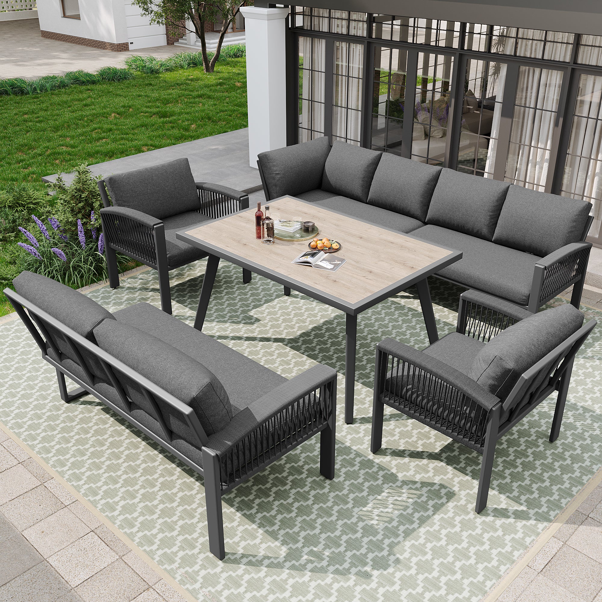 Salon de jardin modulable en fer galvanisé : 1 canapé 4 places + 1 canapé 2 places + 2 fauteuils + 1 table basse - Gris - 2
