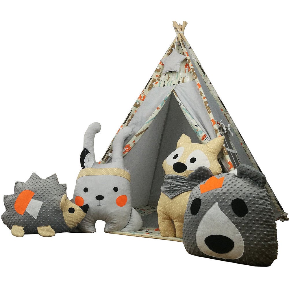 HOMCOM Tente Tipi Indien Pour Enfant - Style Graphique Gris Blanc 1,2 X 1,2 X 1,55m - Porte, Fenêtre, Tapis, Coussin Et Sac Inclus