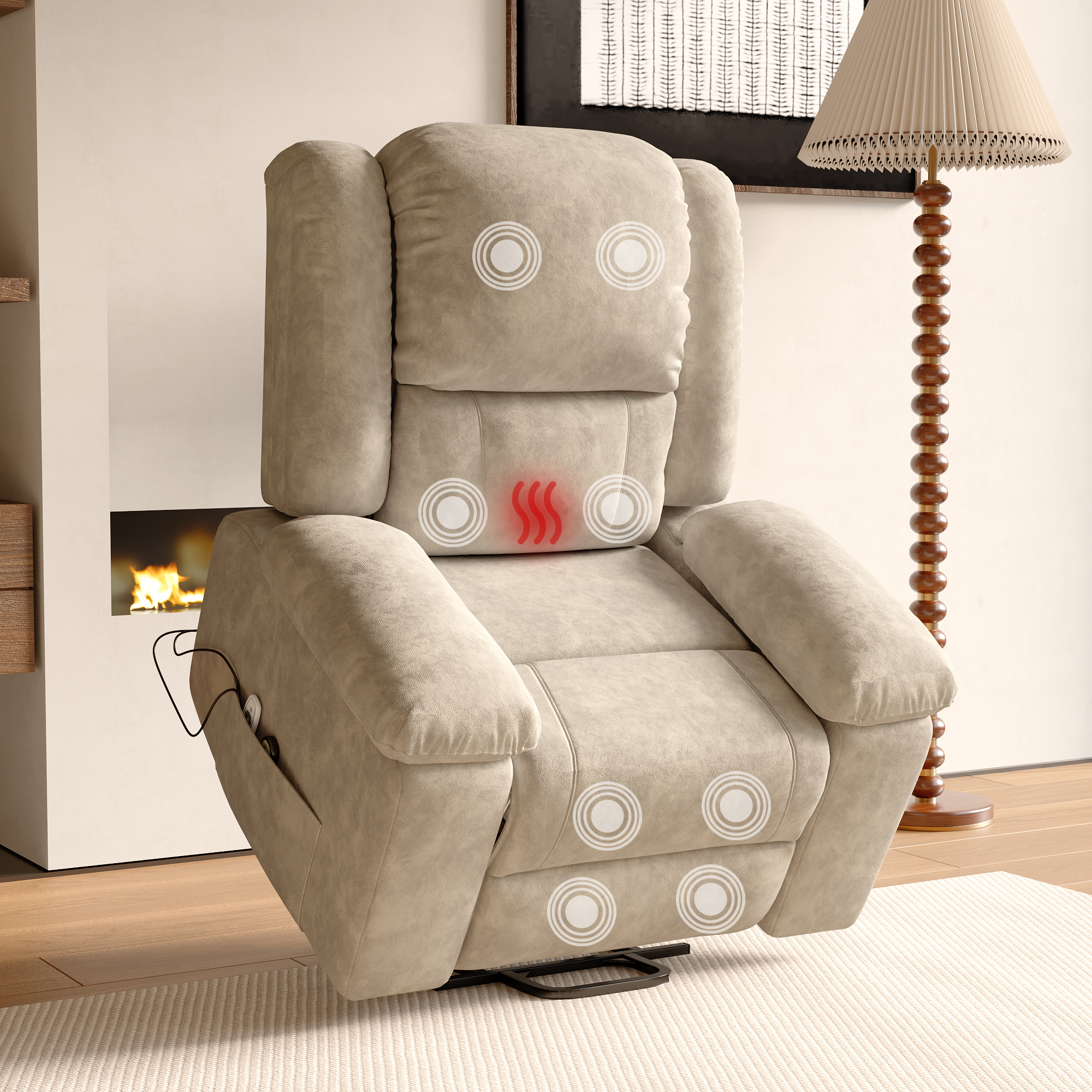 Fauteuil de massage électrique, fauteuil releveur, Inclinable 3 positions, accoudoirs rembourrés, poches latérales - pédale - Beige en Tissu - 4