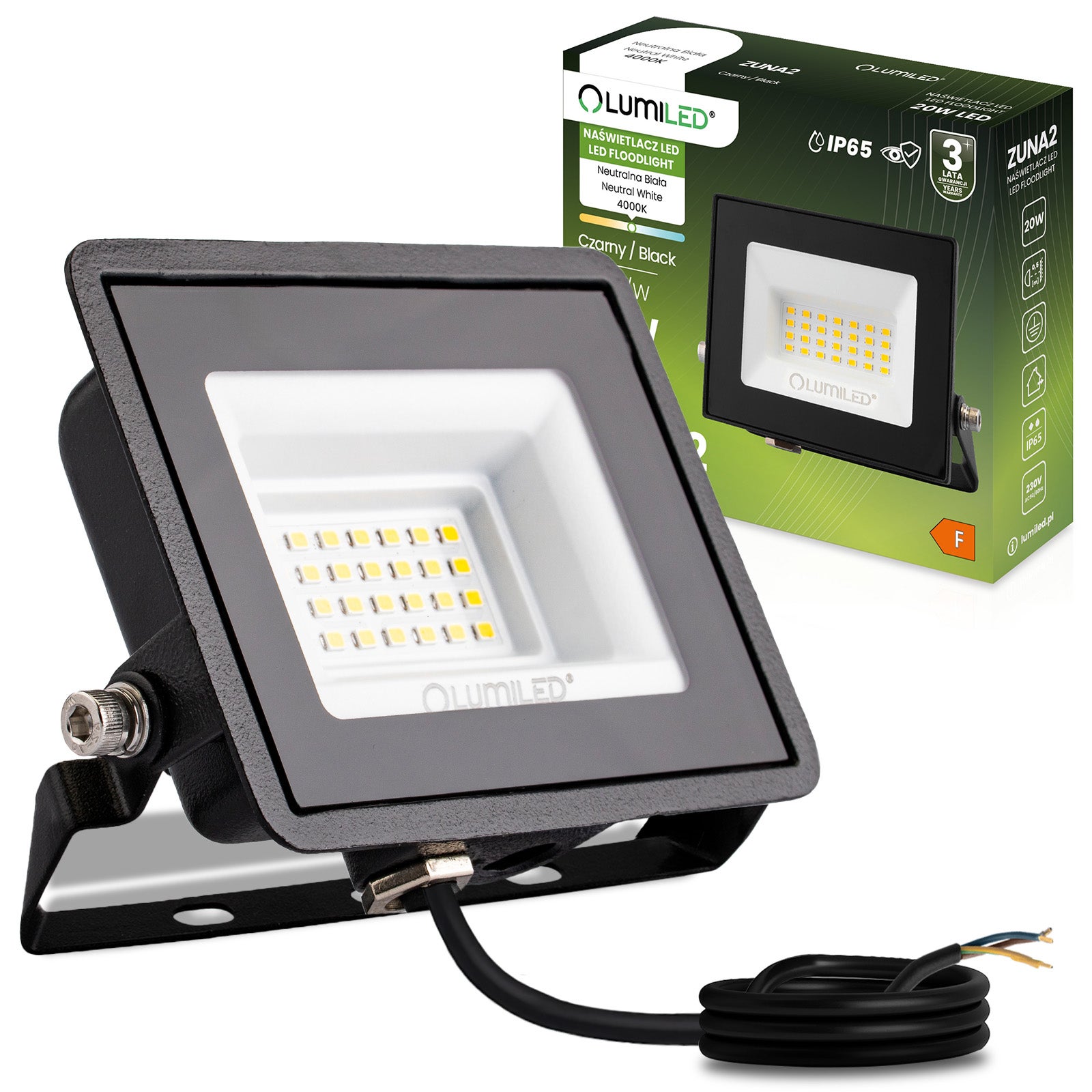 Naświetlacz LED Lumiled 20W 1800lm 4000K Neutralna biel IP65 Czarny 1 szt.