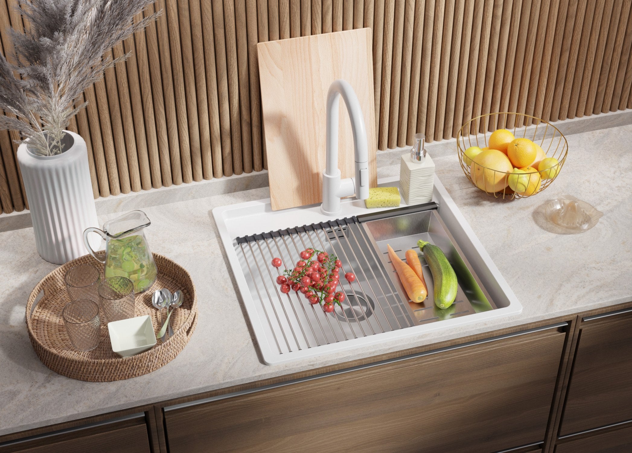 Lavello da Cucina Bianco 56x53cm, Lavandino in Granito a 1 vasca + Sifone Classico + Accessori, Lavabo da Cucina Incasso al mobile 60cm PRIMAGRAN - 2