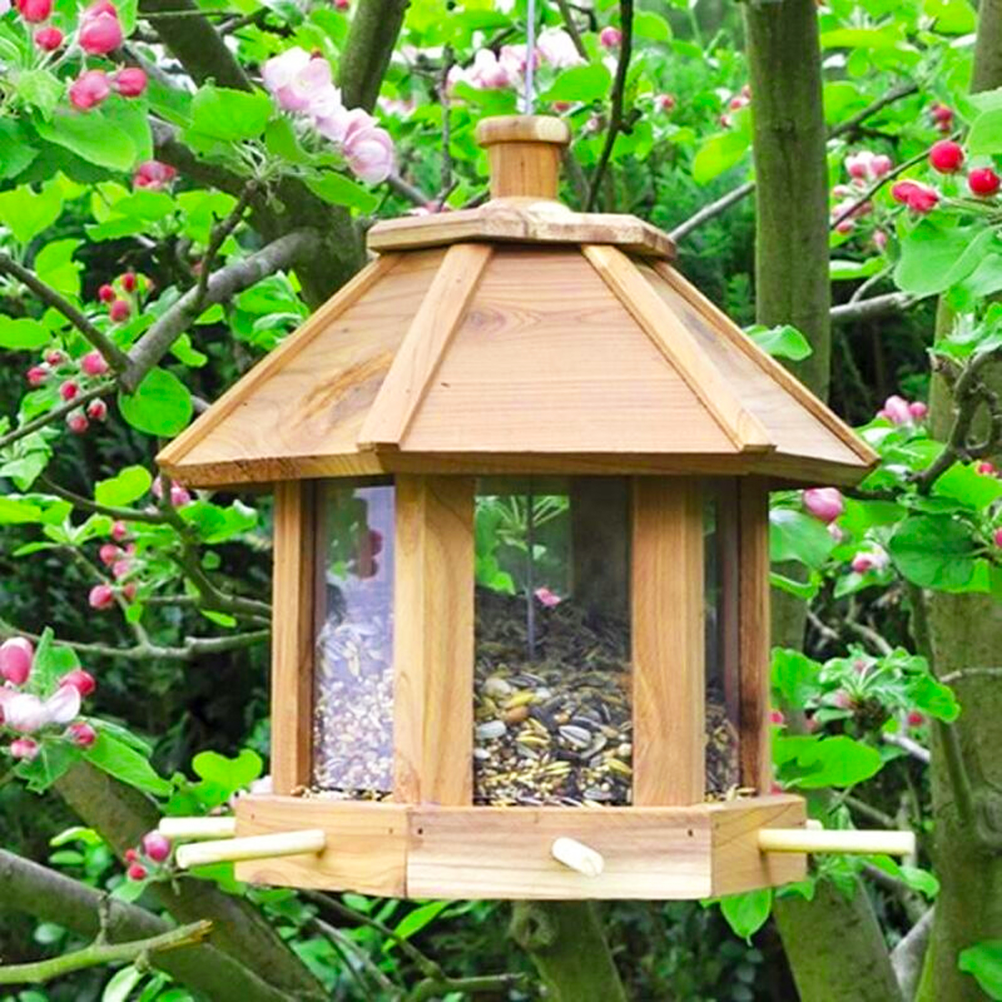 FISHTEC - Mangeoire oiseaux bois cèdre rouge et pin - 6 perchoirs - Hexagonale 26x22 cm - Toit amovible - Fixation murale ou suspendue - 5