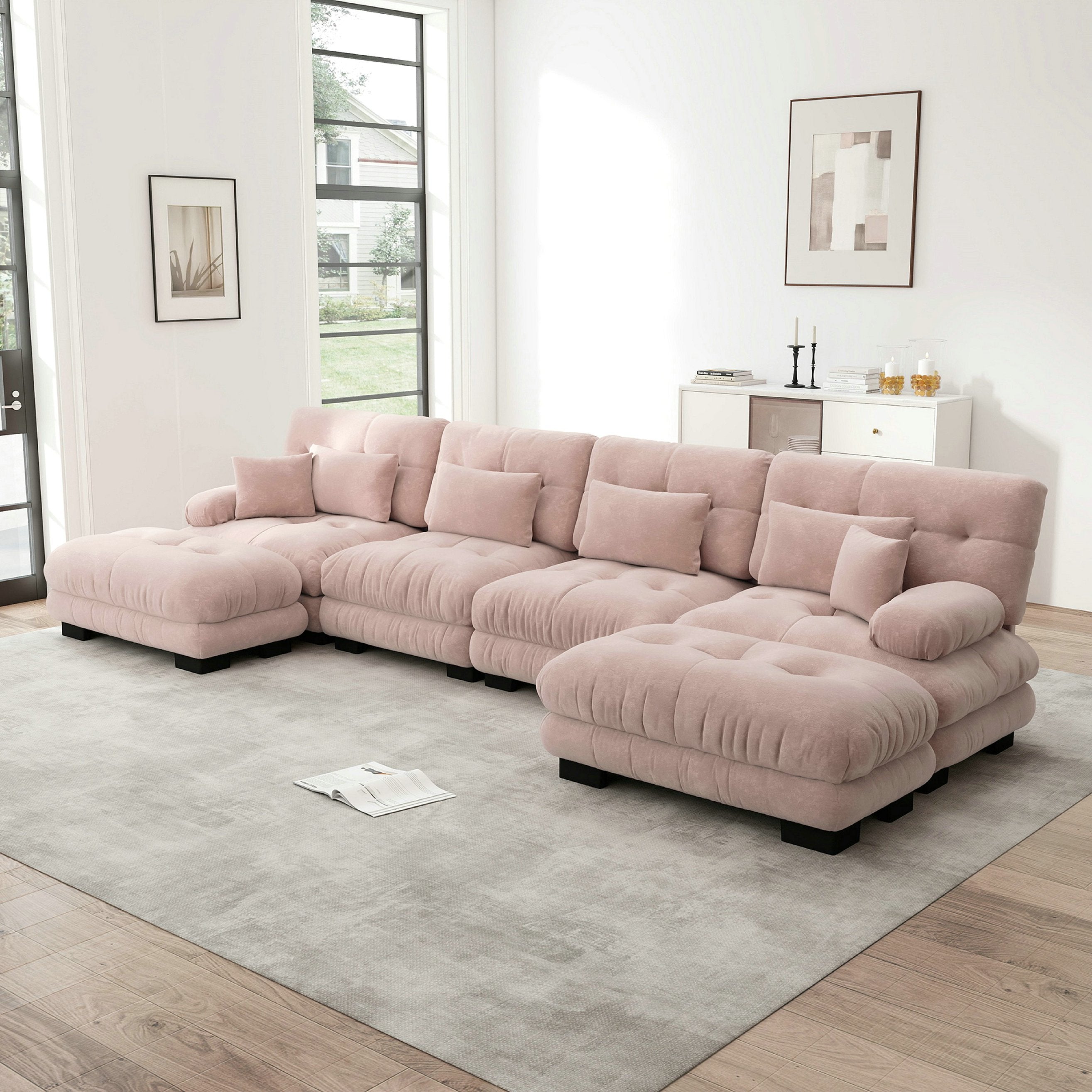 Canapé d\'angle modulable, ensemble en forme de U 4 places confortable effet nuage - avec pouf amovible - chenille - rose - 4
