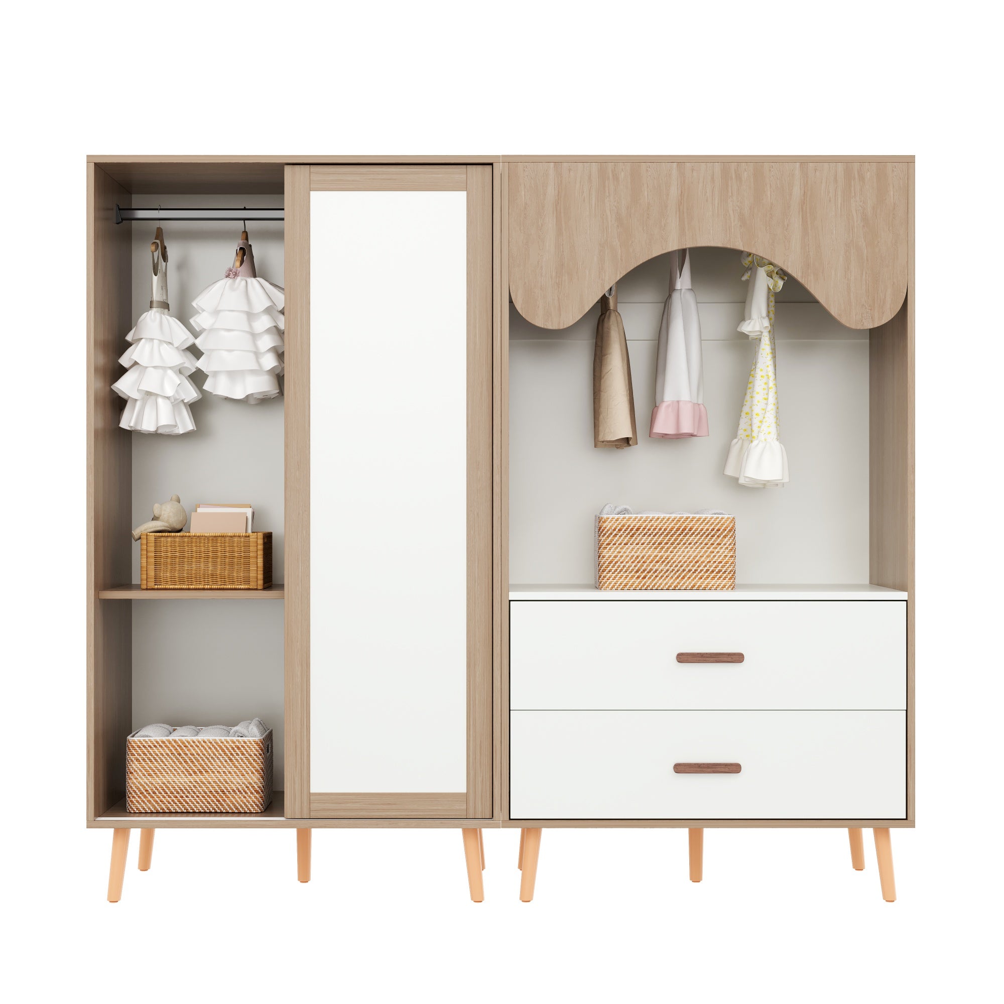 Ensemble armoire à portes coulissantes + armoire ouverte - Bois massif + MDF - pour chambre d'enfant - Blanc et naturel - 4