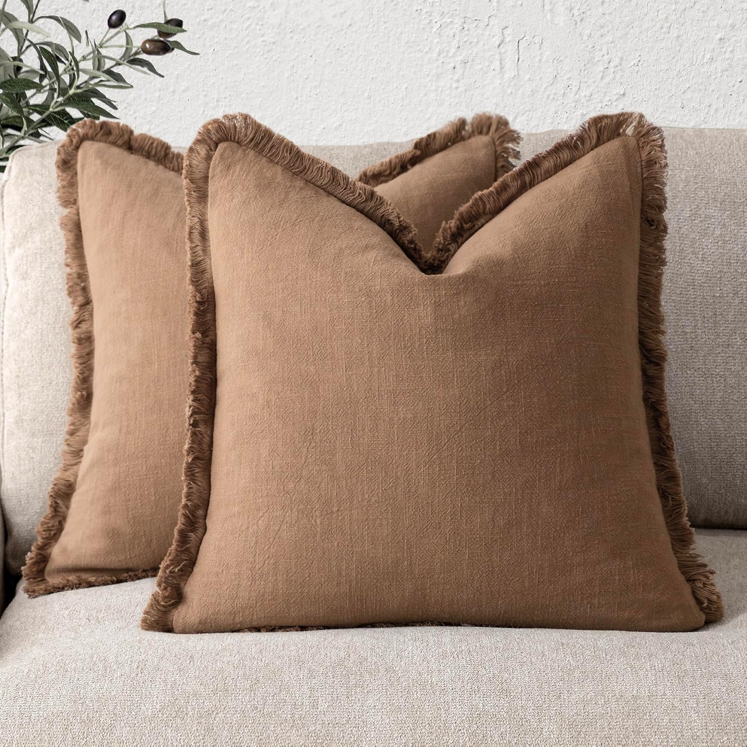 Komplet 2 dekoracyjnych poszewek lnianych z frędzlami, styl boho/rustykalny, z frędzlami, miękka poszewka na poduszkę, 45 x 45 cm.