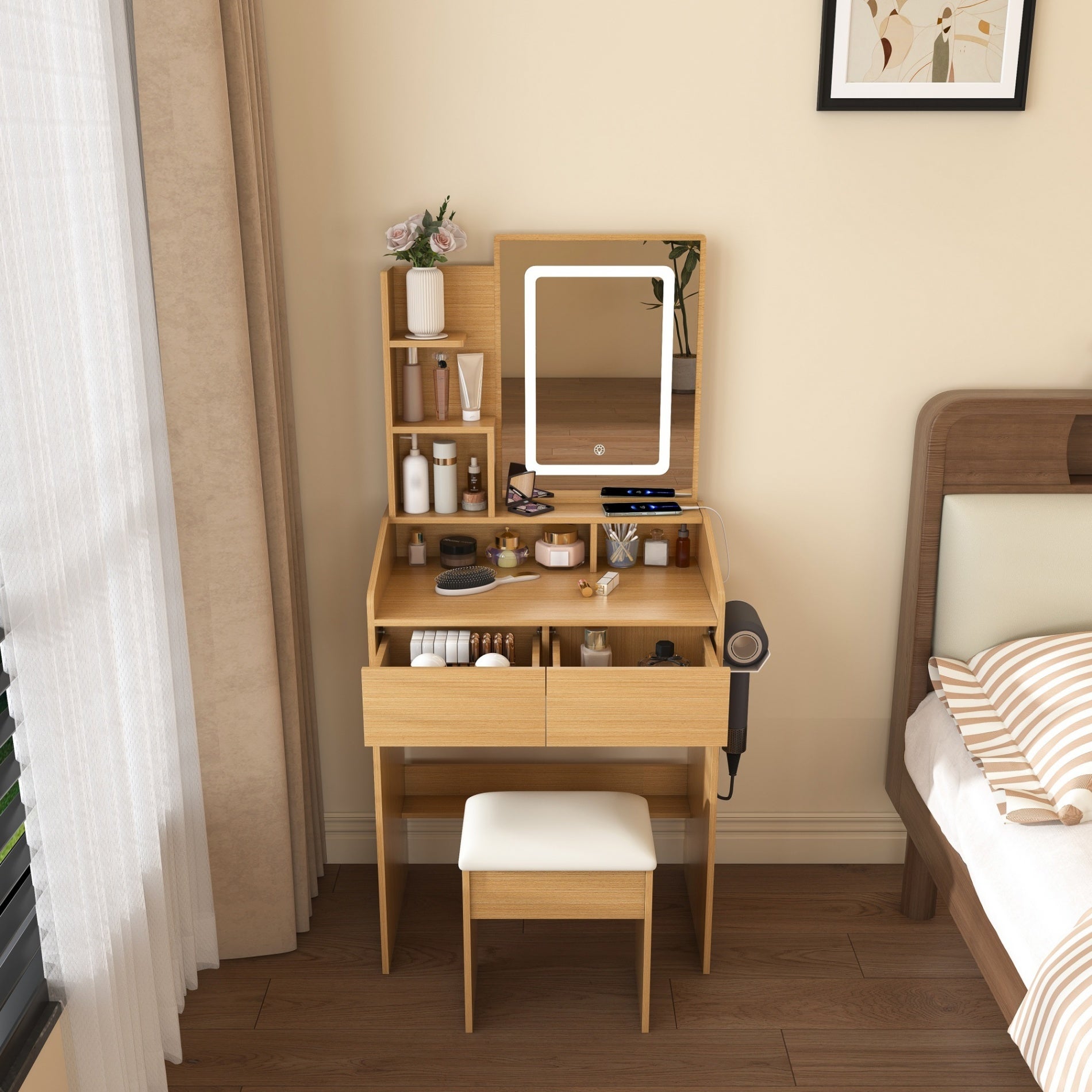 Coiffeuse avec miroir éclairé par LED, support pour sèche-cheveux et tabouret rembourré – Table compacte,L60 × H130 × P36 cm, finition bois naturel - 3