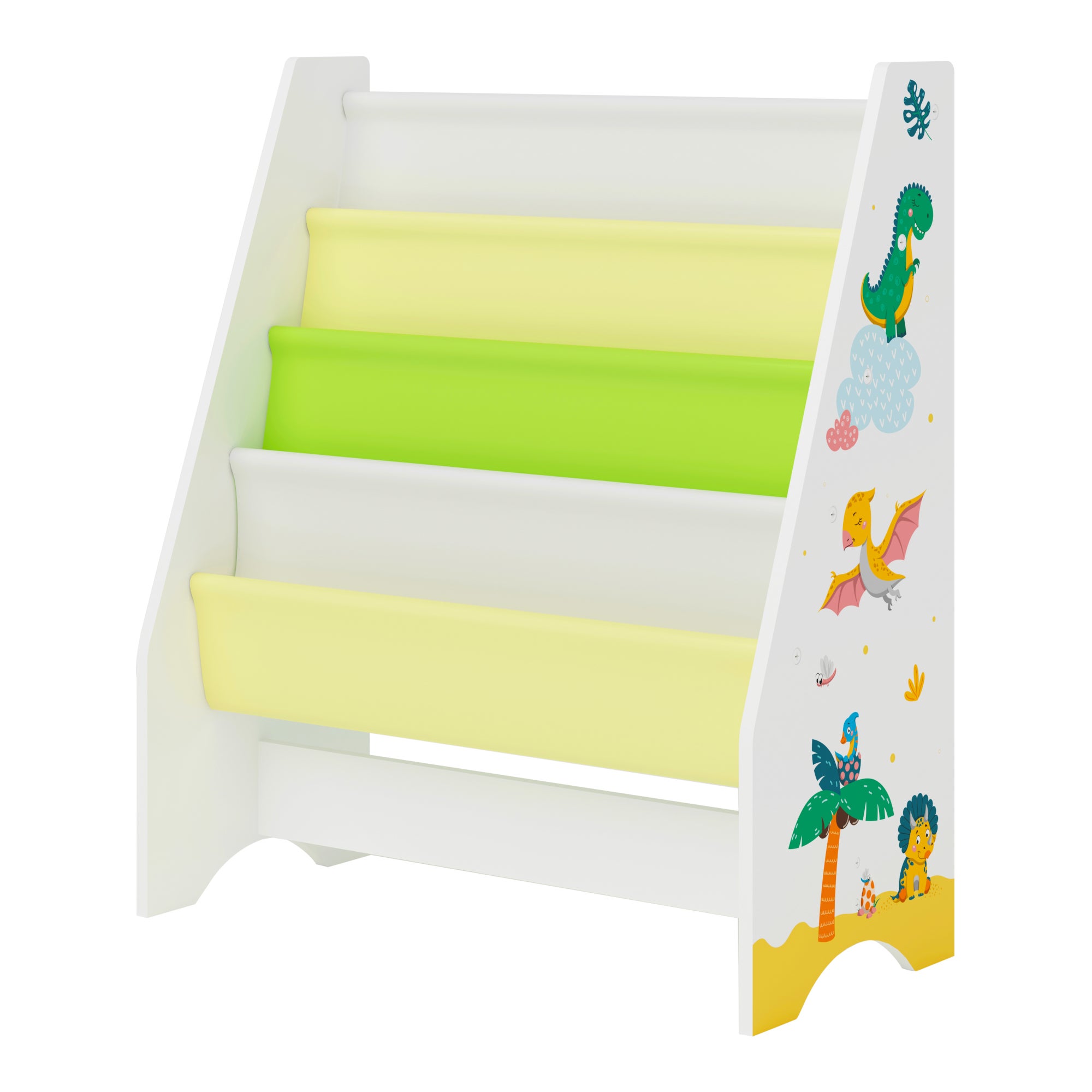 Scaffale 'Fisterra' per Cameretta con 4 Contenitori Morbidi a Scaletta Mobile Porta Libri a Misura di Bimbi - Decorazione Dinosauro [en.casa] - 3