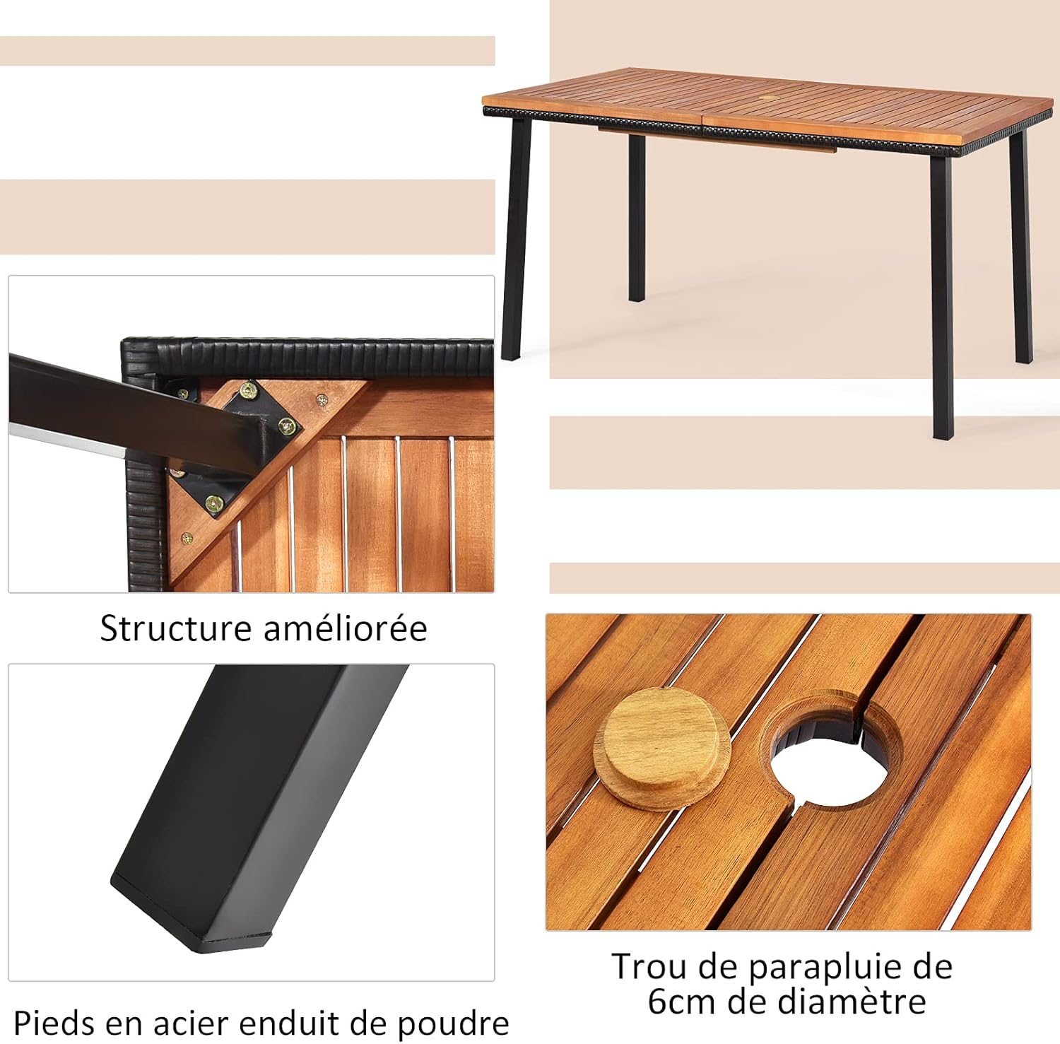 Table à Manger Extérieur en Bois d'Acacia Certifié FSC pour 6 Personnes, Table 140x75 cm avec Trou pour Parasol 5 cm,Pied en Métal - 3