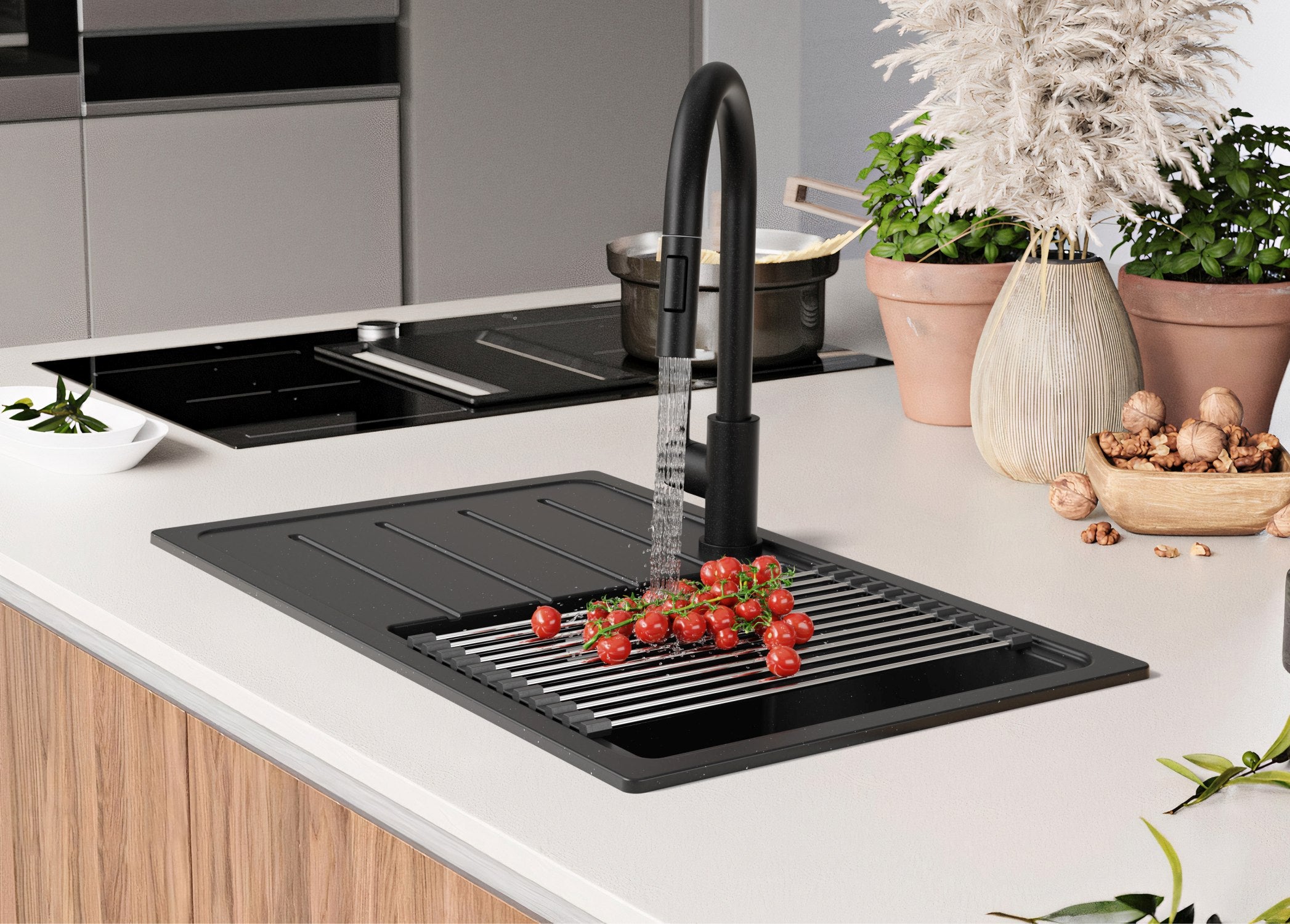 Evier Cuisine en Granit Noir Métallisé 70x44cm, Lavabo 1 bac + Kit de Vidage, Évier à Encastrer au meuble 45cm - Copenhague Easy PRIMAGRAN - 9