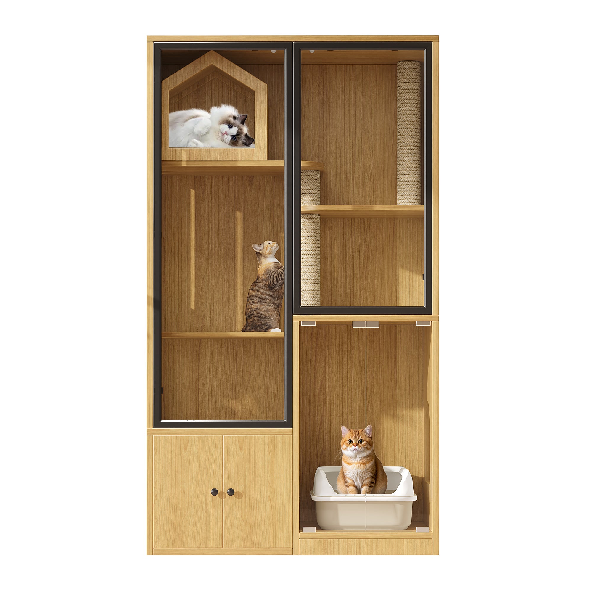 Cage pour chat 4 niveaux avec 4 portes et griffoir - 90 x 50 x 160 cm - MDF + verre - Couleur jaune - 9