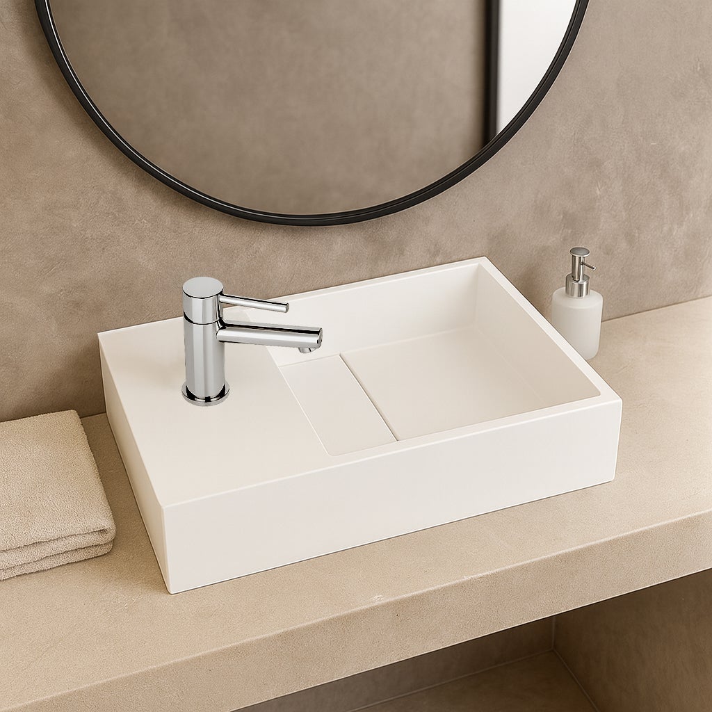 Lave-mains suspendu blanc mat MANITA G - Lavabo rectangulaire en Solid surface 35cm - 2