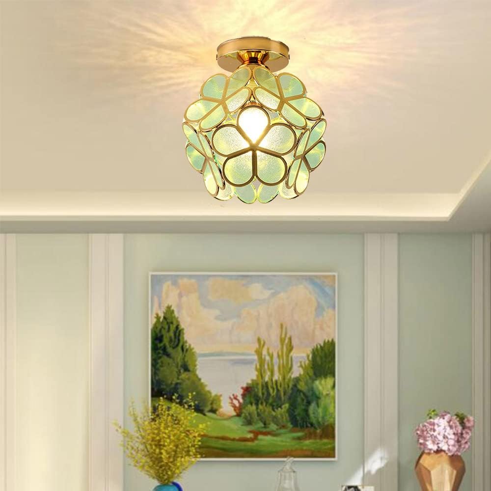 Plafonnier pétale de luxe rétro léger, douille E27, abat-jour de plafond créatif, applique murale, convient aux couloirs, chambres (vert) - 3