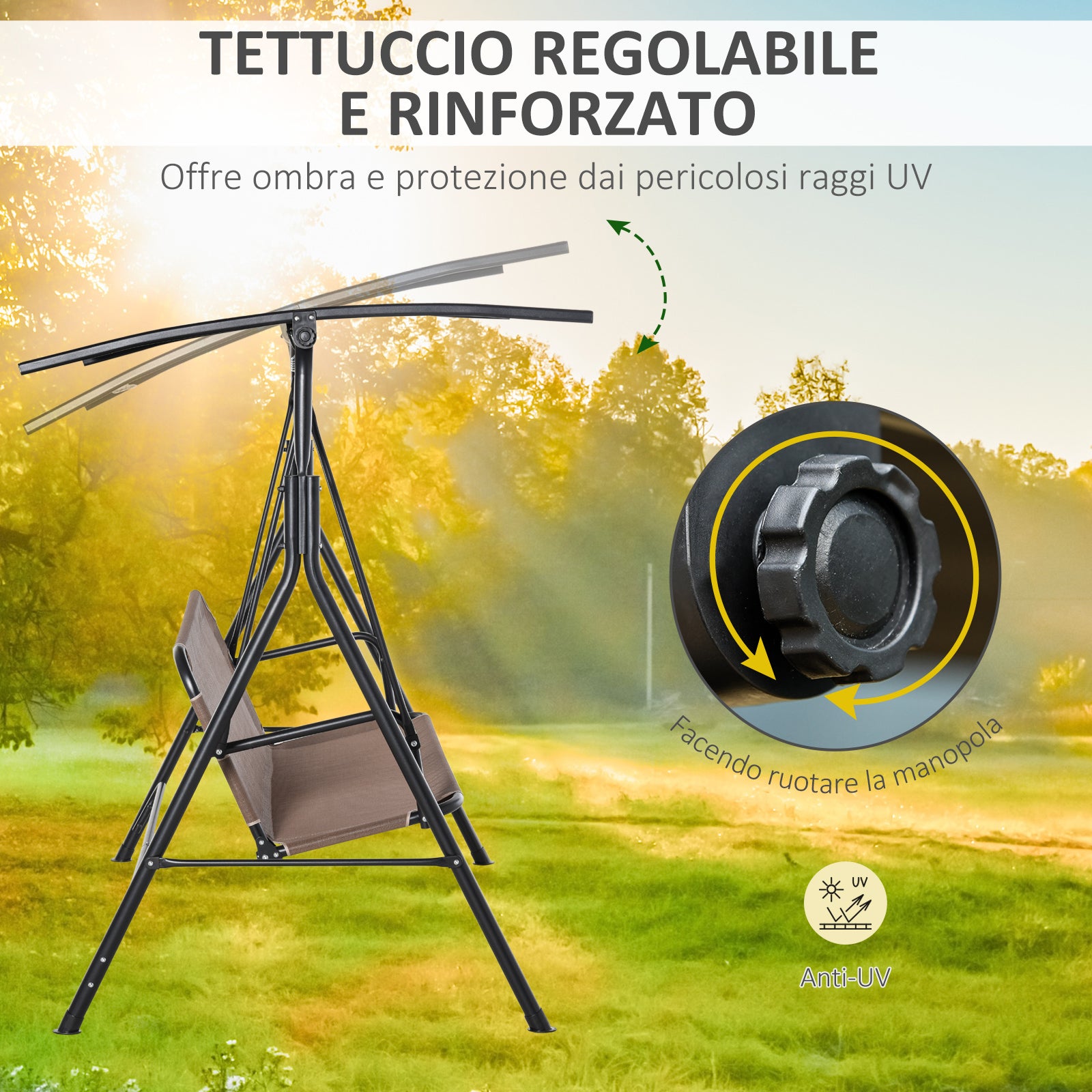Balançoire de jardin en terrasse 2 places avec auvent solaire réglable, métal et marron Texteline 172x110x155cm pour la maison - 6