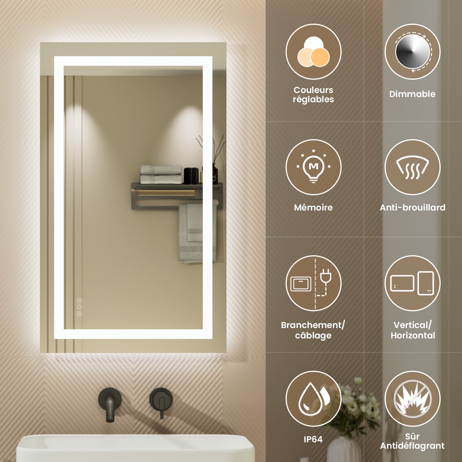 LED Miroir Lumineux+Tricolore + Anti-buée 100x60cm Salle de Bain Dimmable,Mémoire,Tactile - 2