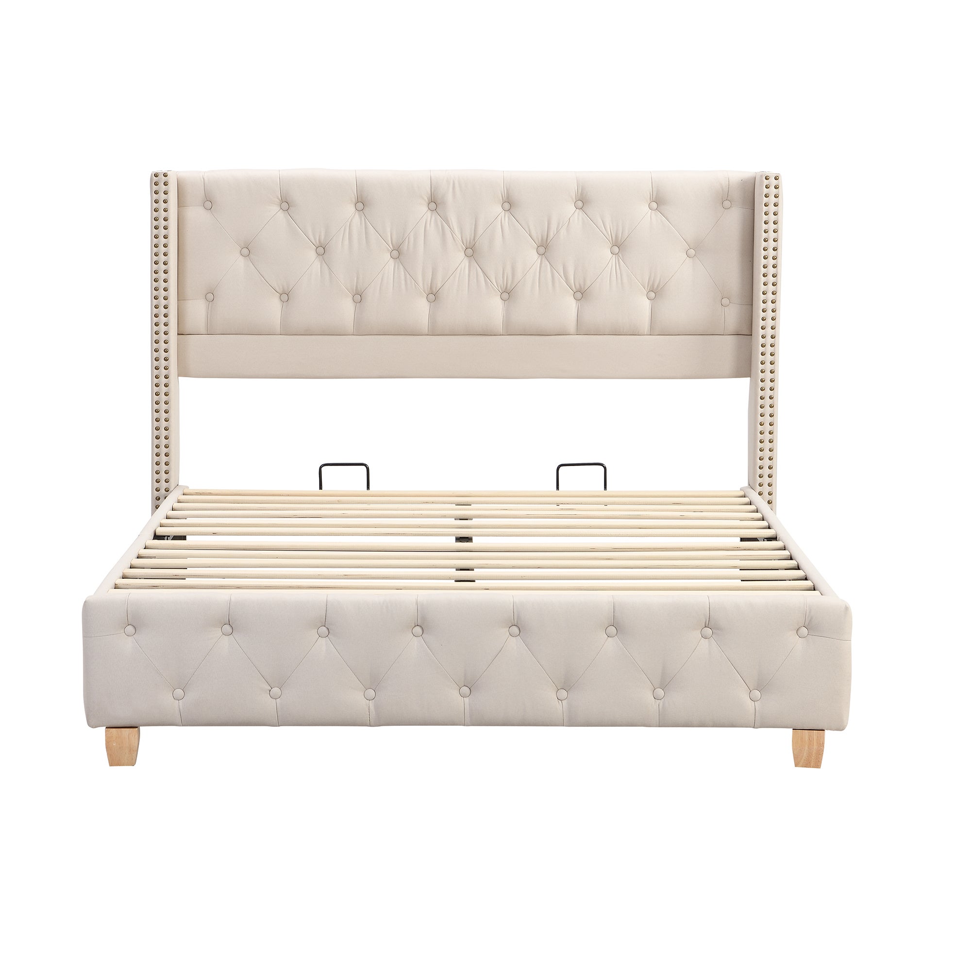 Lit Double 140x190cm Lit 2 Personnes Avec Sommier à Lattes Et TêTe De Lit Coussin à Boutons Pieds En Bois Lin, Beige - 6