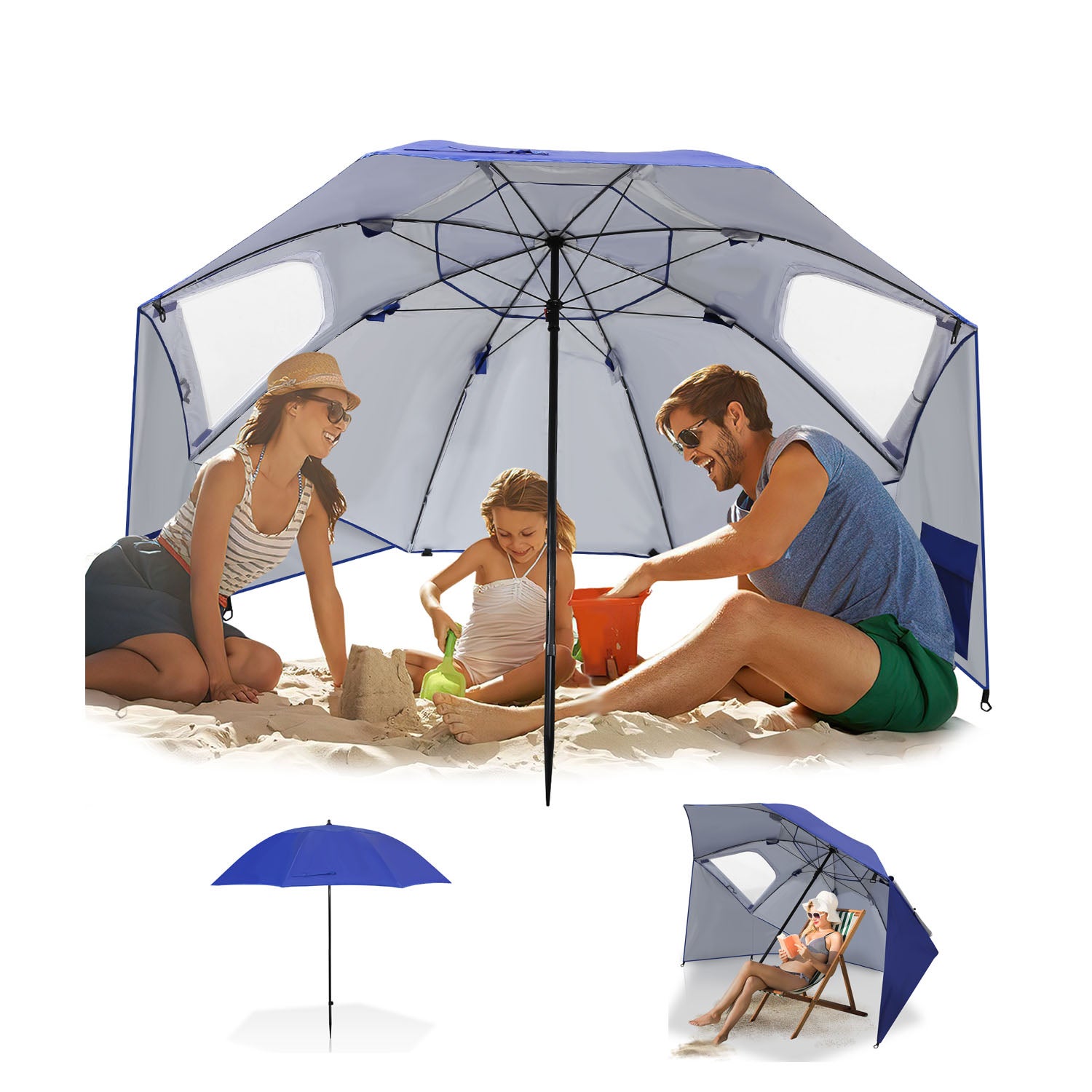 Parasol de plage ou jardin 210 cm avec protection UV, en bleu, en polyester durable, avec piquet, avec ou sans côté - 8