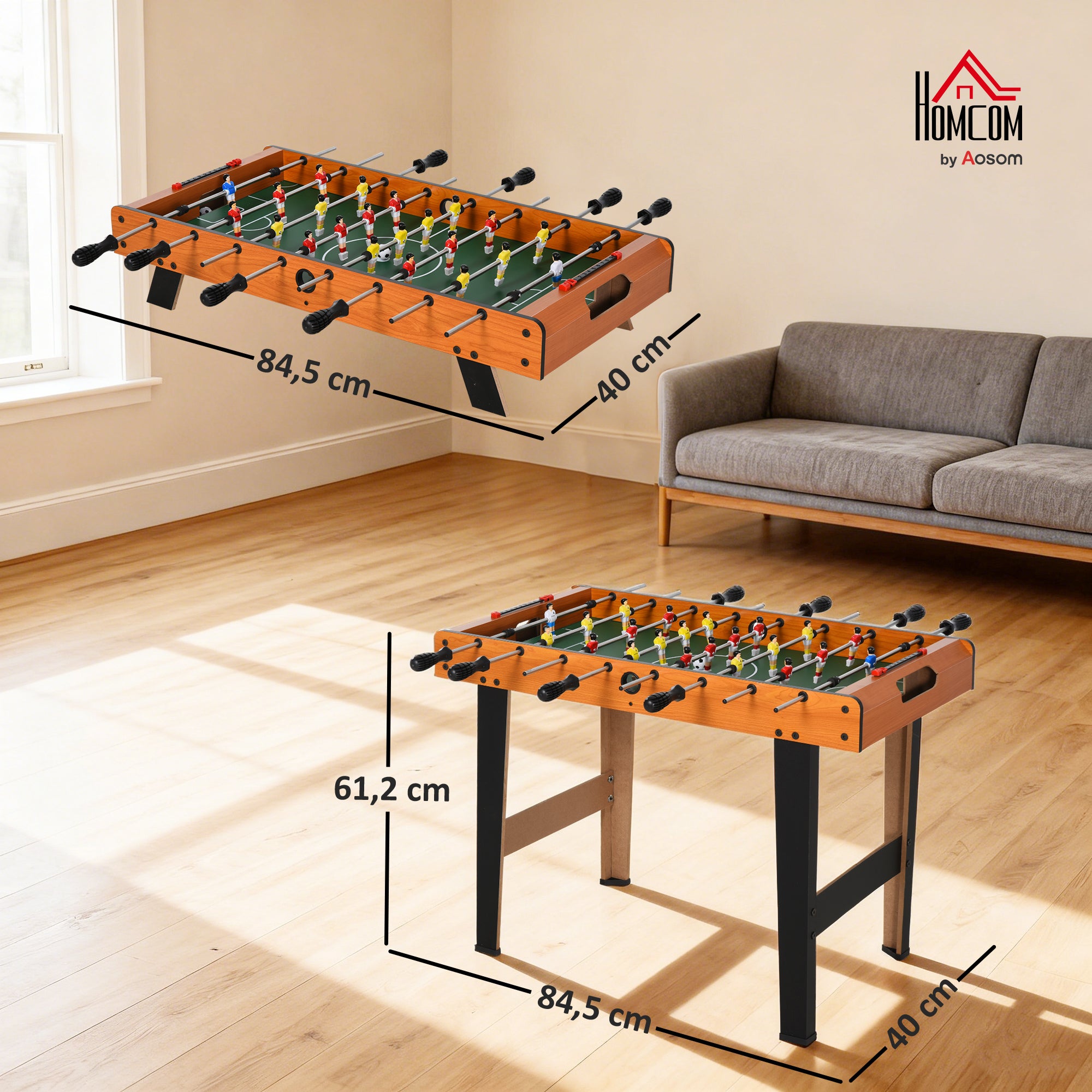 Esta mini mesa de matraquilhos permite até 22 jogadores e inclui 2 bolas e 2 placares. Dimensões: 84,5 cm (C) x 40 cm (L) x 61,2 cm (A). - 5