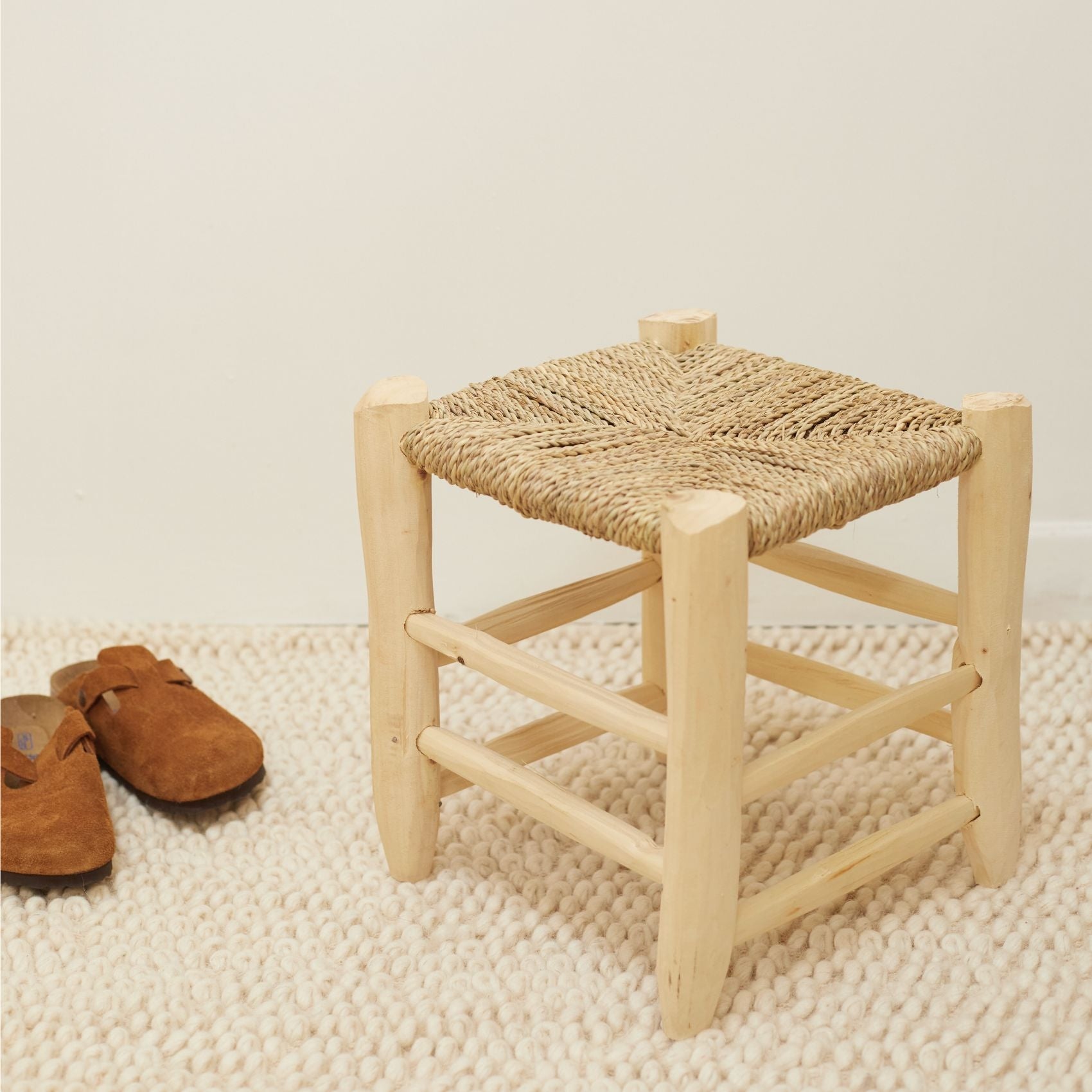 Tabouret Marocain bois de laurier - Naturel - 30 cm - Osier/Bois - 3