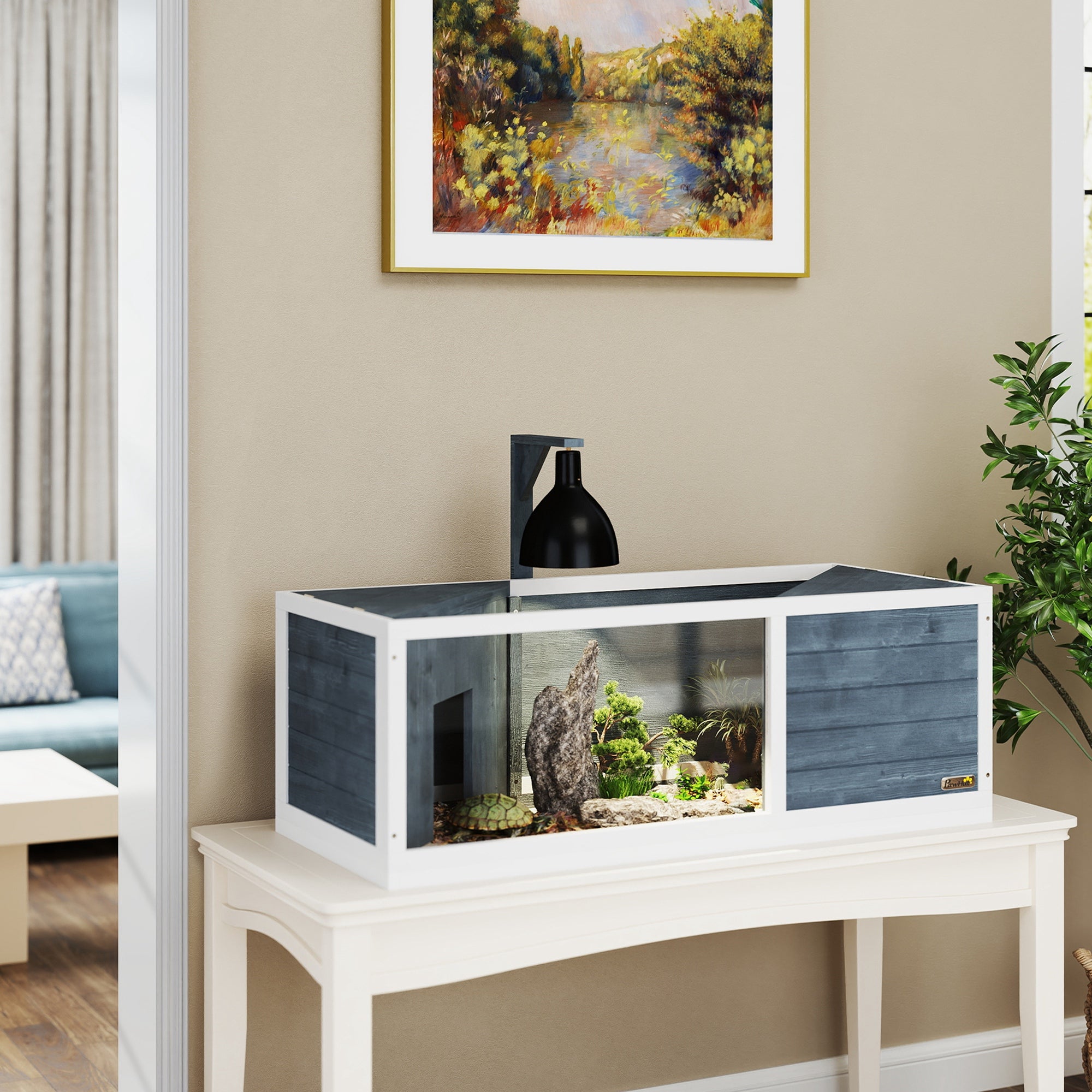 Casa para tartarugas com teto retrátil, suporte para lâmpada, bandeja, janela panorâmica, 120 x 50 x 40 cm, cinza - 4