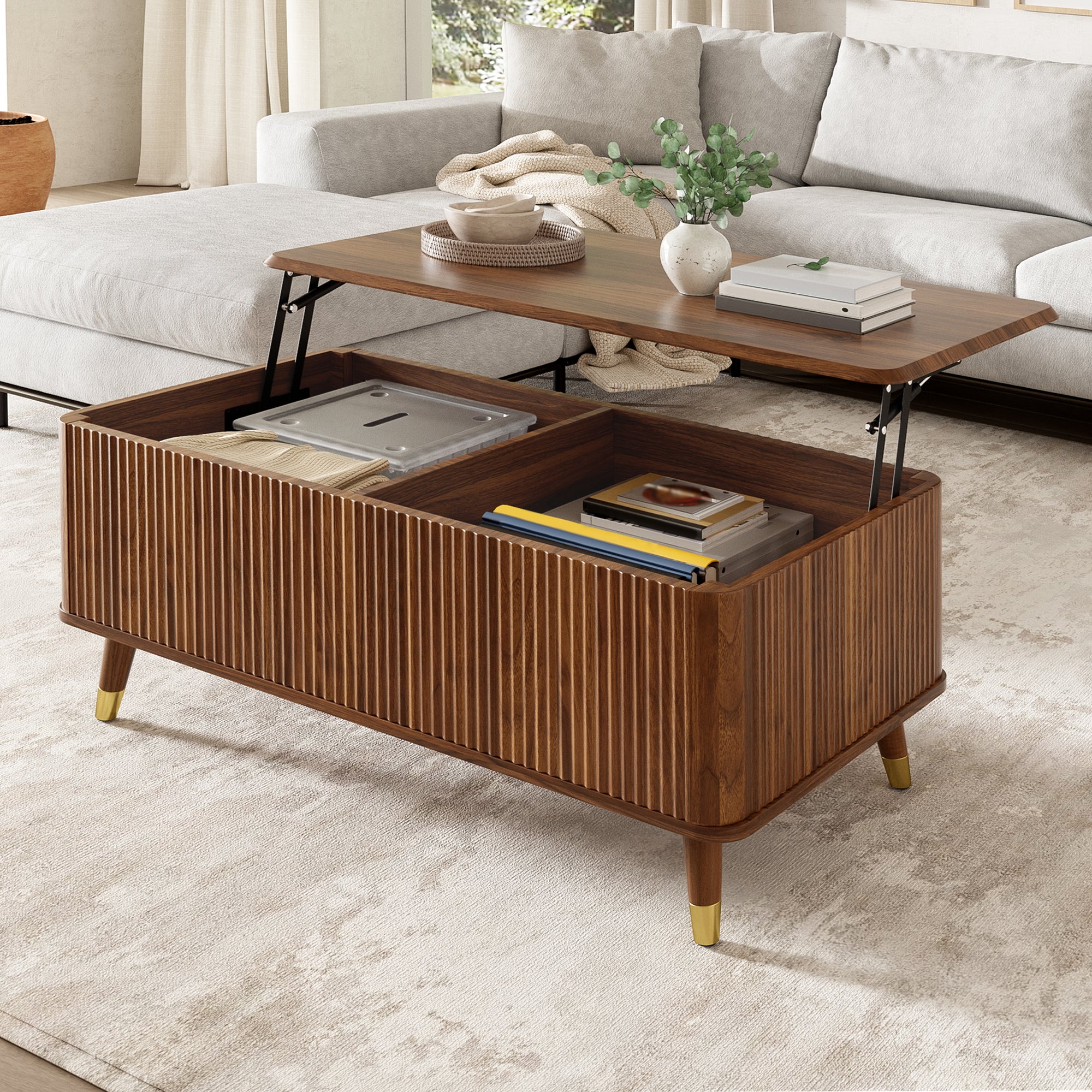 Table basse avec plateau relevable - 97 x 52 x 56,5 cm - MDF et bois massif - Noyer - Design rétro moderne à motif ondulé - 3