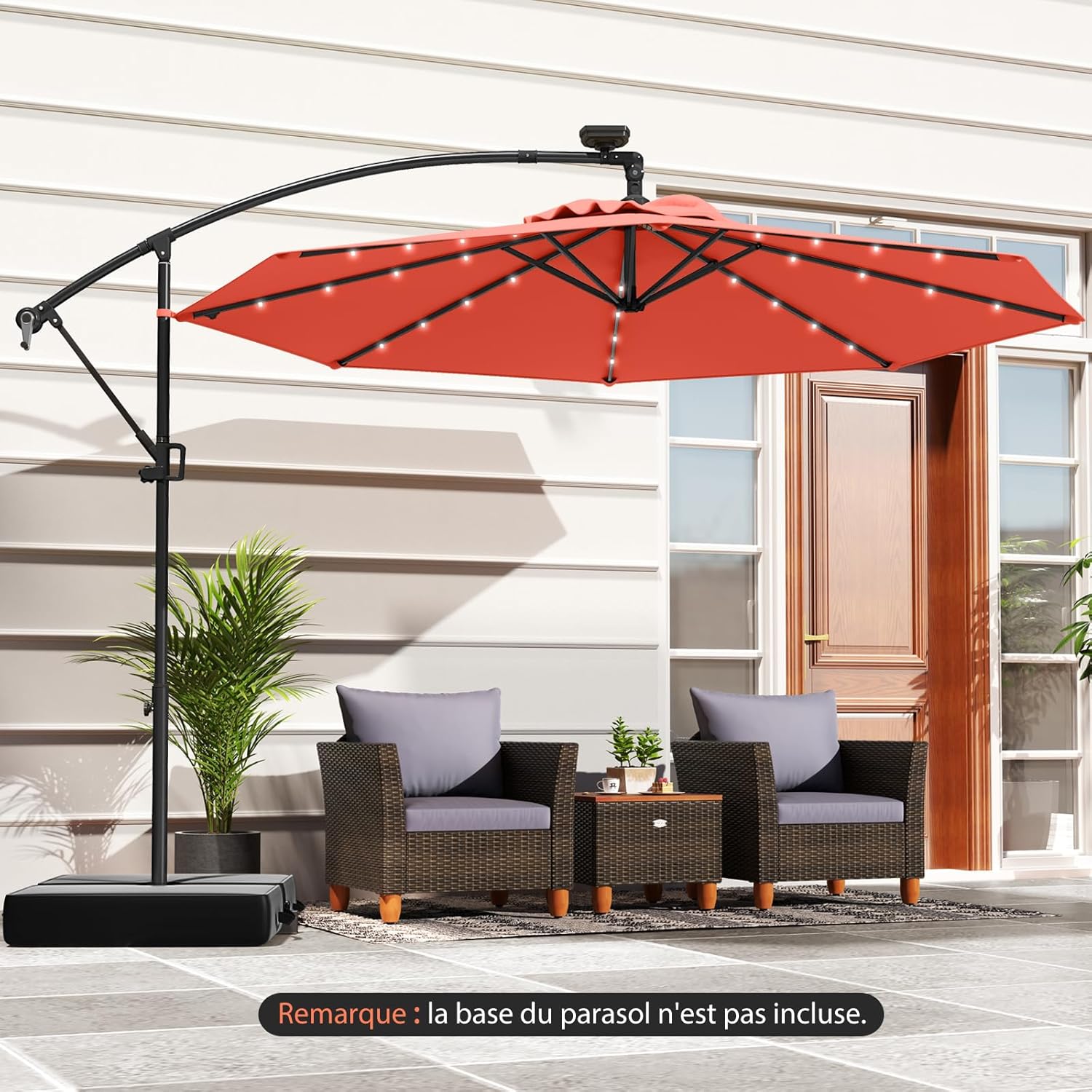 3M Parasol Déporté avec 32 LED Solaires, Parasol de Jardin 8 Baleines avec Tissu Protection Solaire, Parasol Inclinable Rotatif à 360°, Orange - 9