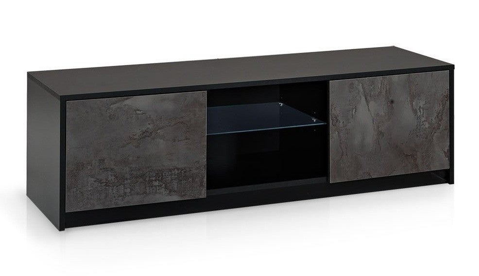 Meuble TV Mural Suspendu 180 Cm Avec LED Contrôlable - Noir Et Bois - 2 Portes + 1 Abattante