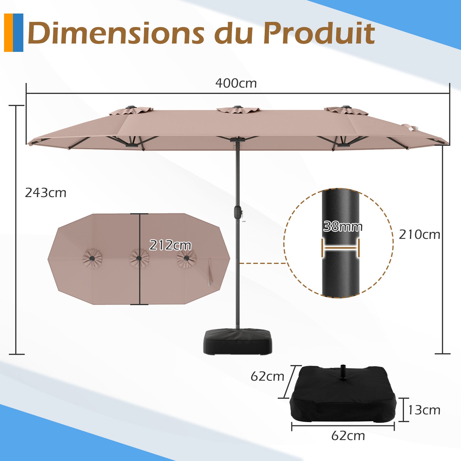 Parasol Double de Jardin 396 x 201 CM, Parasol Extra Large avec Manivelle et Socle Robuste, Parasol Jumeau pour Cour, Patio, Terrasse, Brun - 3