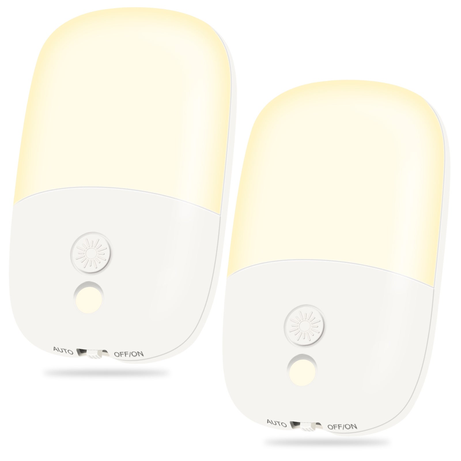 Lampki nocne LED, wtykowe, zestaw 2 szt., ściemnialne, z czujnikiem zmierzchu i świtu, chowana wtyczka, ciepłe światło.