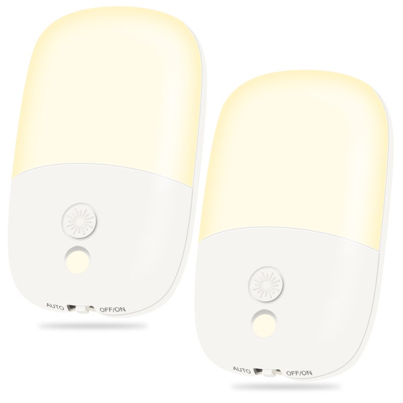 Lampki nocne LED, wtykowe, zestaw 2 szt., ściemnialne, z czujnikiem zmierzchu i świtu, chowana wtyczka, ciepłe światło.