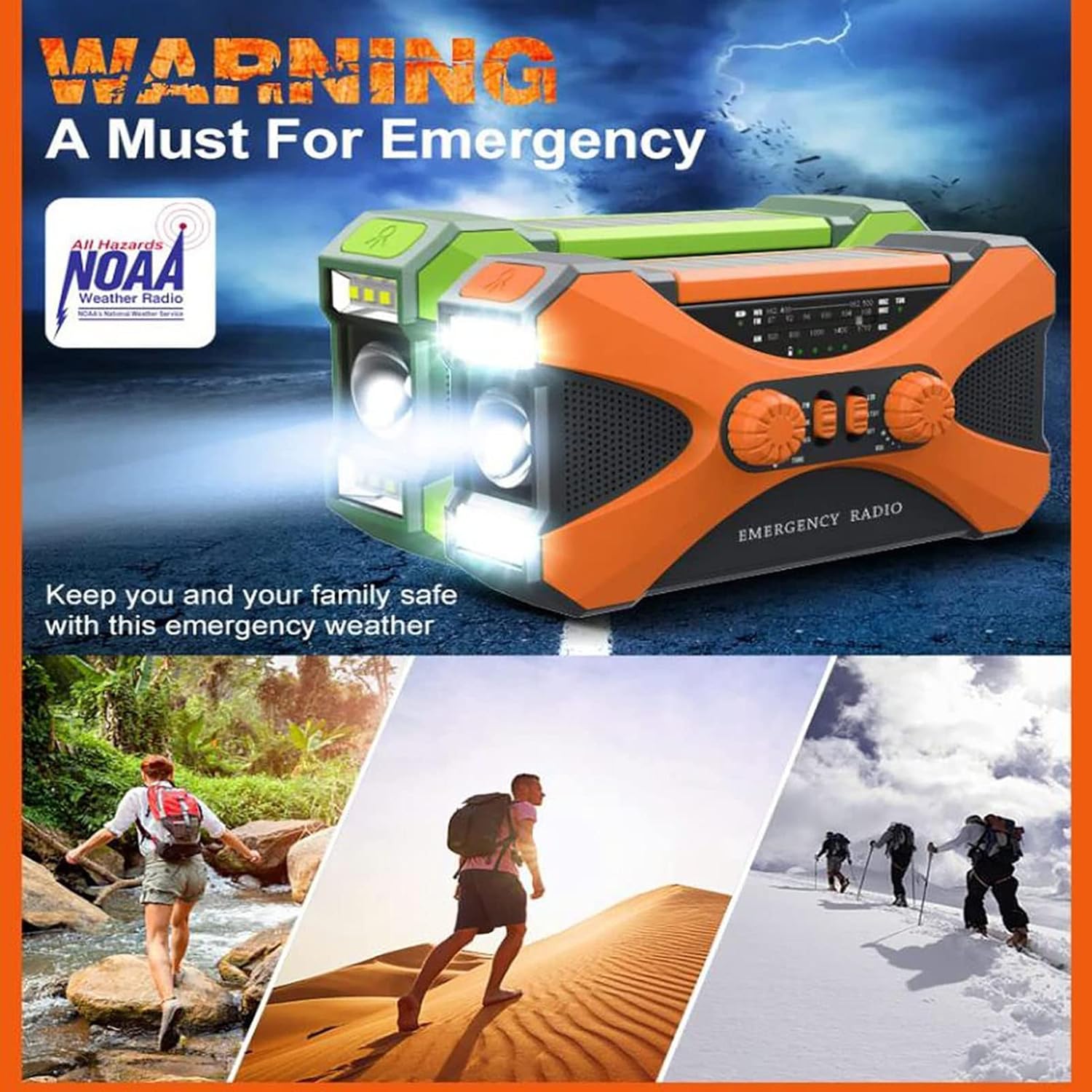 Radio solar 10000mAh, manivela, linterna LED, alarma SOS, cargador de teléfono, ideal para emergencias y actividades outdoor. - 3