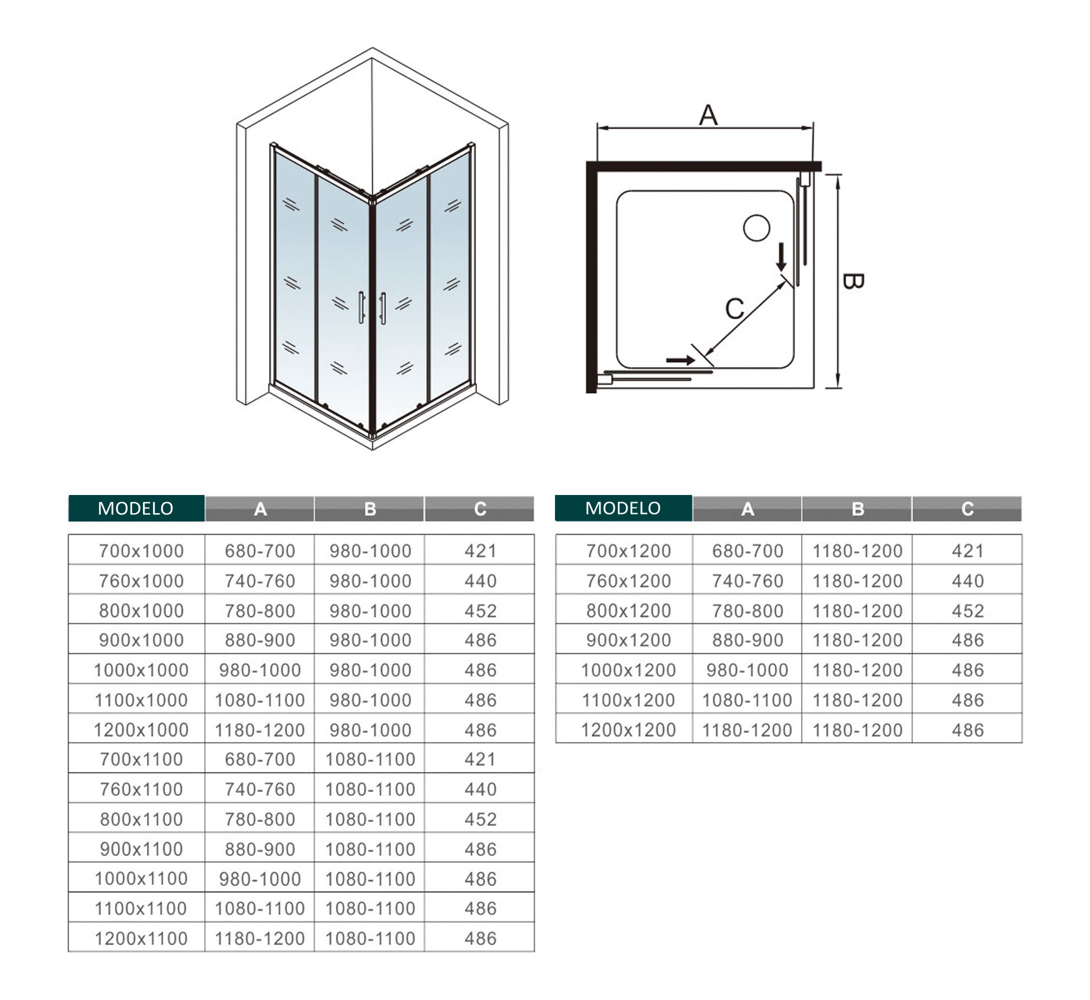 AICA Cabine de duche rectangular correr Perfil cromado Vidro Anticalcário 6mm (980-1000)x(680-700)x1950mm - 4